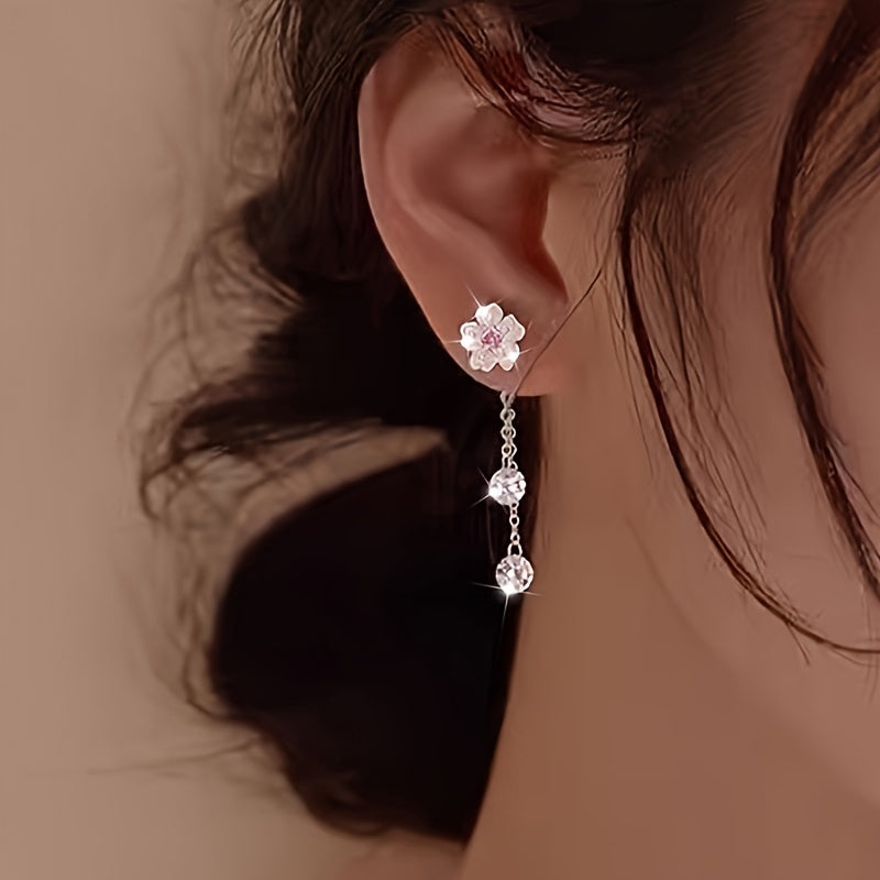1 paire de boucles d’oreilles pour femmes, élégantes et classiques, motif fleur de cerisier avec pampilles, plaqué argent 925, idéal cadeau pour anniversaires, mariages, rentrée scolaire, Saint-Valentin, printemps/été.