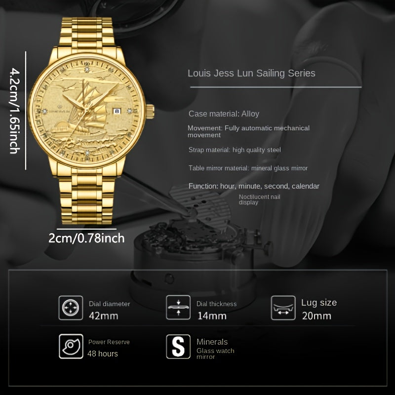 Battery-Free Men's Automatic Mechanical Watch, Smooth Sailing Series, All-Golden Noble Men's Wristwatch, Suitable as a Gift for Family, Partner, and Friends, Formal Accessory, Stylish Timepiece, Classic Watch, Elegant Timepie