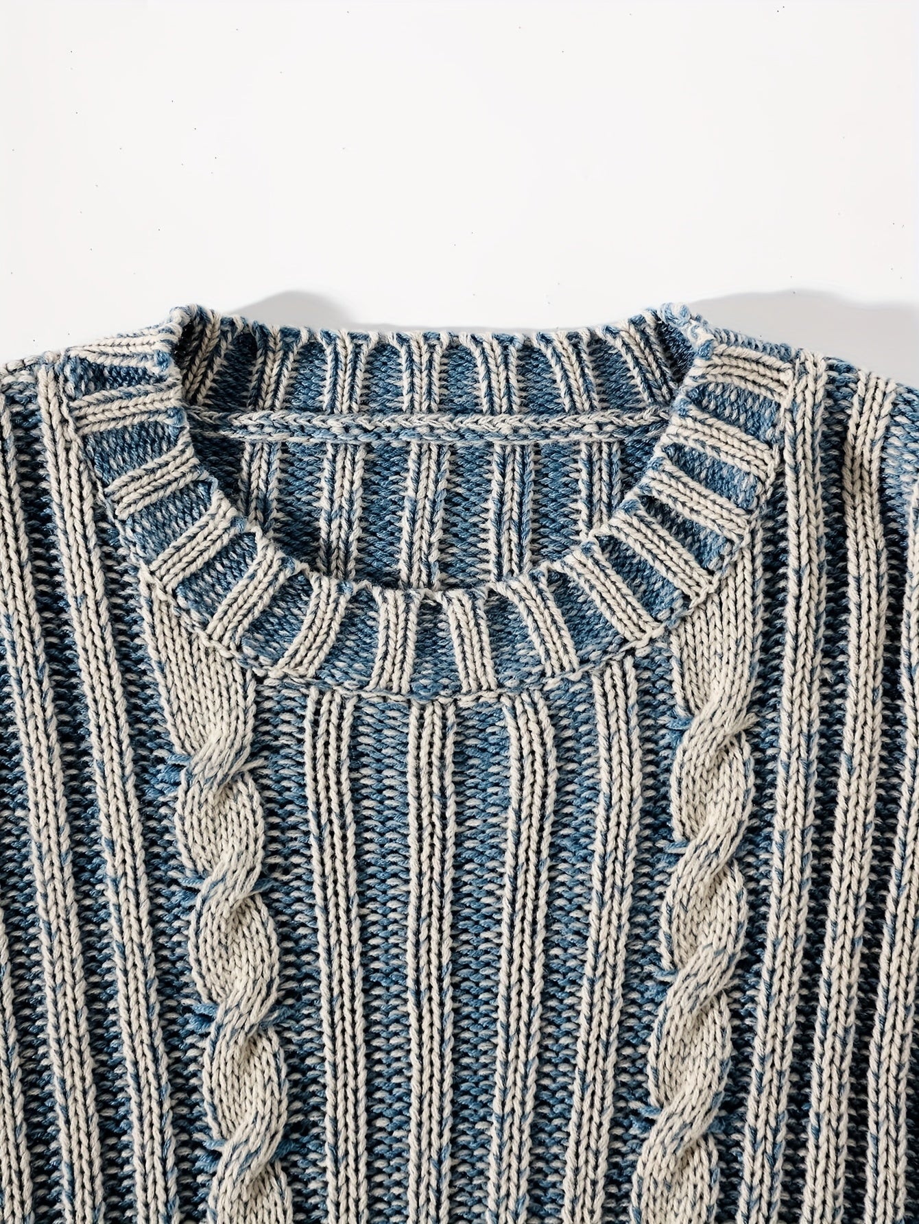 Men's Autumn Winter Casual Retro Color-Block Round Neck Sweater - Loose Fit Cable Knit Pullover with Blue & Beige Contrast, Hand Wash/Dry Clean, Knitted Sweater, Cozy Knitwear, Relaxed Fit Sweater, Comfortable Fabric