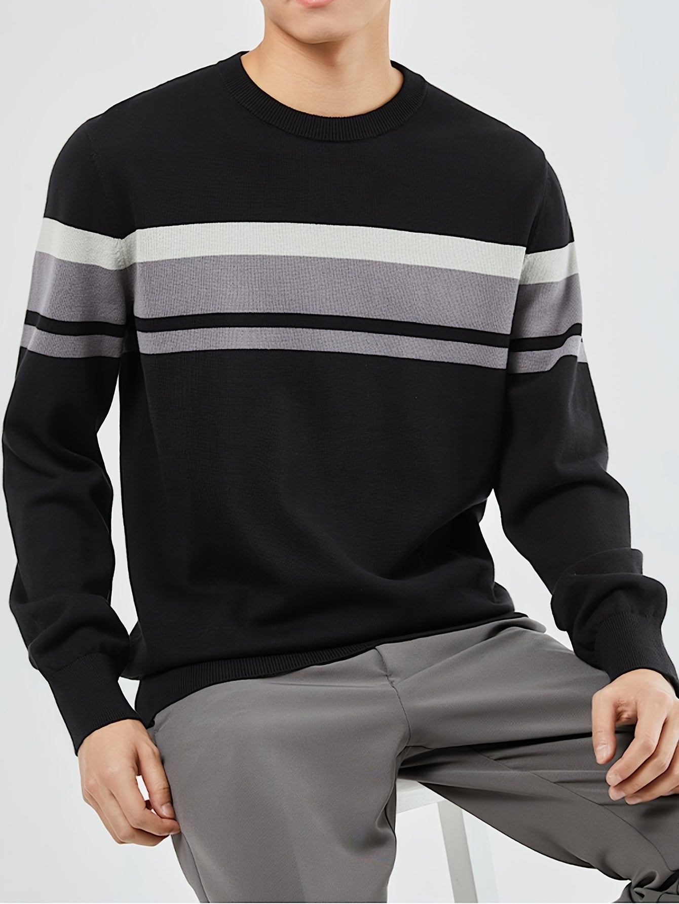 Men's Slim Fit Striped Knit Sweater - Navy Blue & Gray Horizontal Stripes, Medium Stretch Round Neck Pullover for Autumn Winter Casual Wear, Machine Washable
