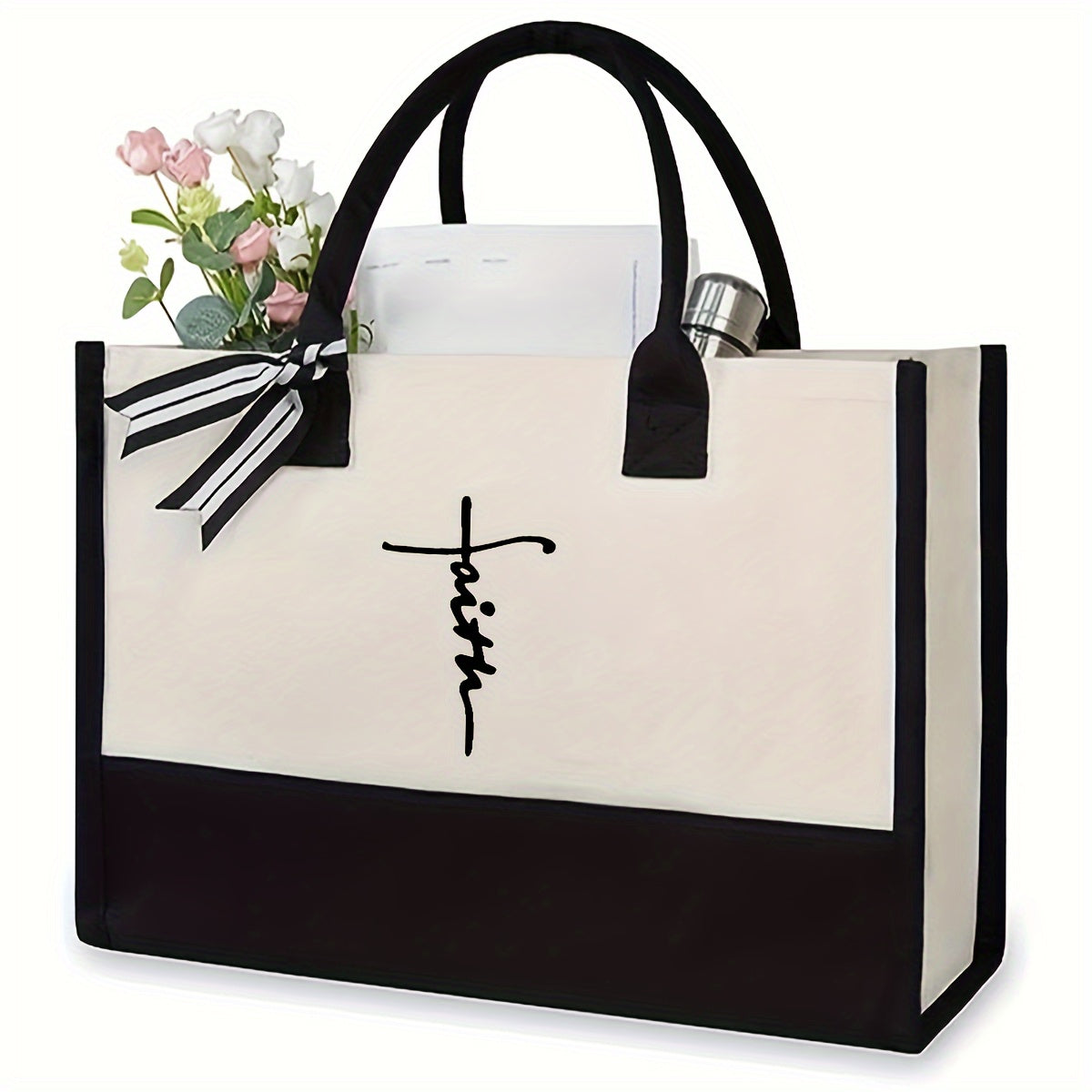 Sac Cabas « Faith » Grande Capacité – Toile Durable, Design Bicolore (Noir/Blanc), Intérieur Spacieux, Bandoulières Fixes, Idéal pour Shopping, Voyages et Cadeaux | Sac Noir Élégant | Poignées Solides