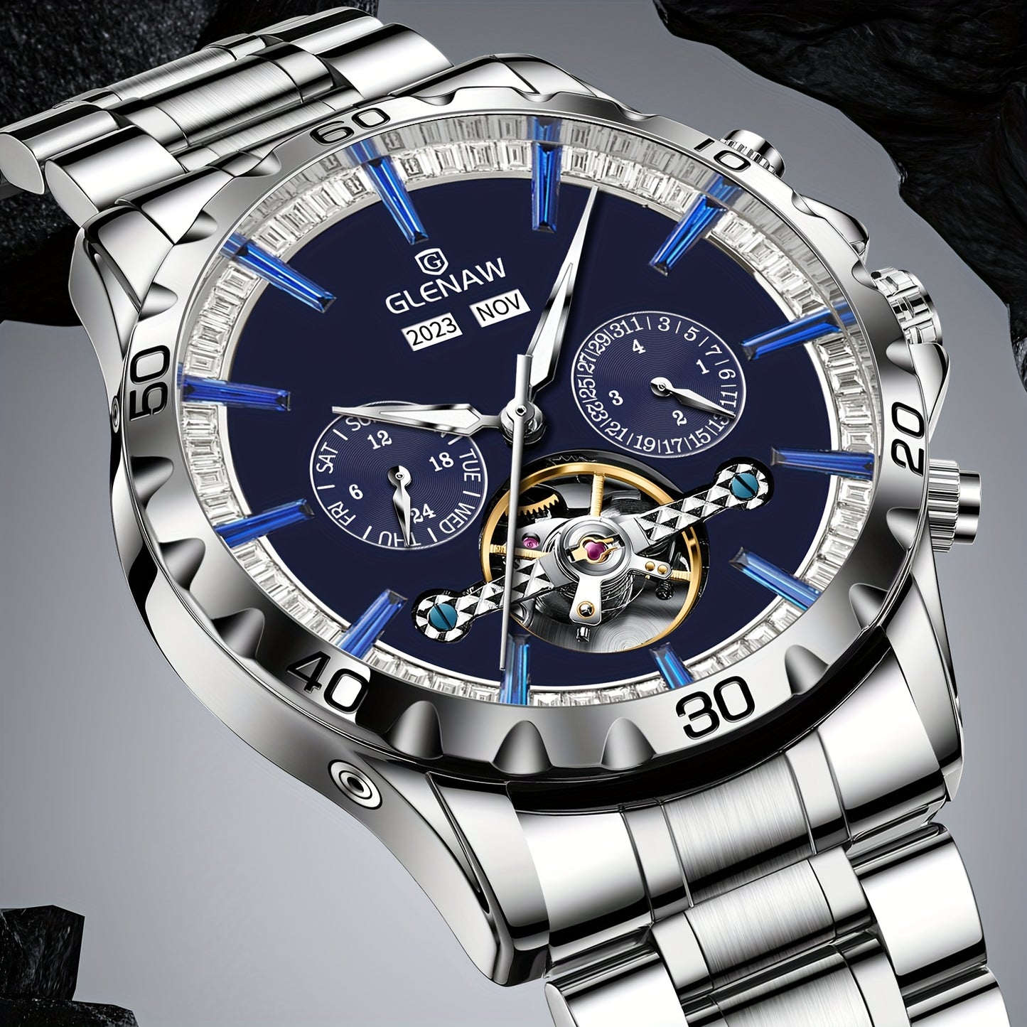 GLENAW Men's Automatic Mechanical Watch - Luxury Blue Dial with Golden accents, Date Display, Elegant Watch for Formal & Casual Attire - Ideal Gift for Men, Stylish Wristwatch, Sophisticated Timepiece, Highend Craftsmanship