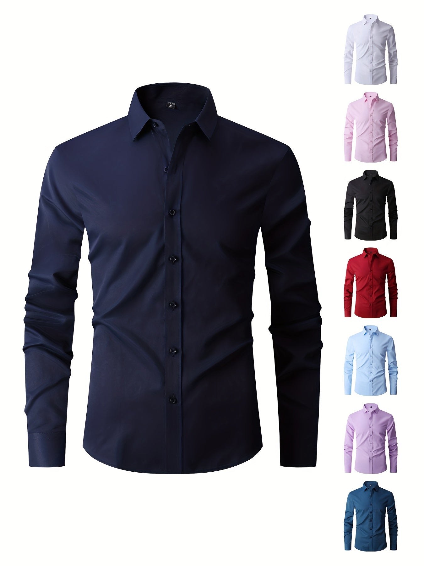 Men'S New Long-Sleeve Shirt, Slim Fit for Young Adults, Business Casual White Shirt in Solid Color, Available in Large Sizes.