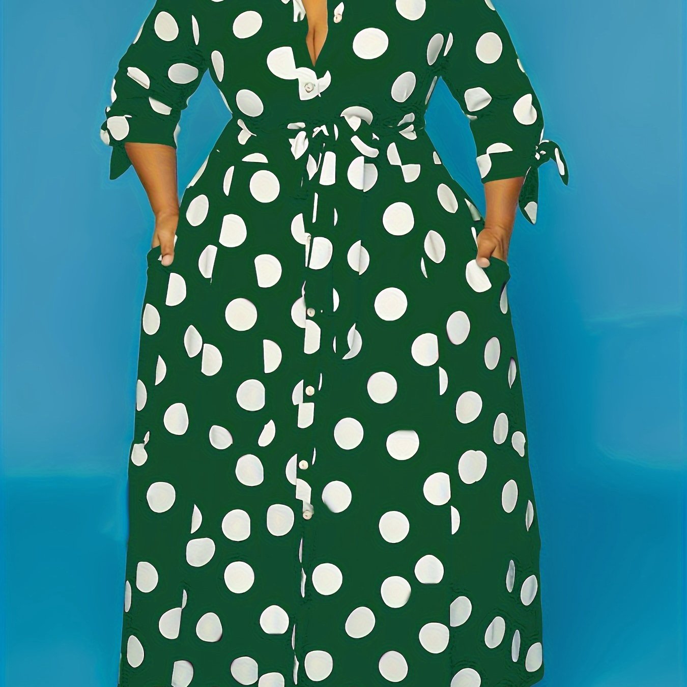 Robe Élégante Grande Taille – Femme, Maxi Robe à Pois, Boutonnée, Col avec Ceinture