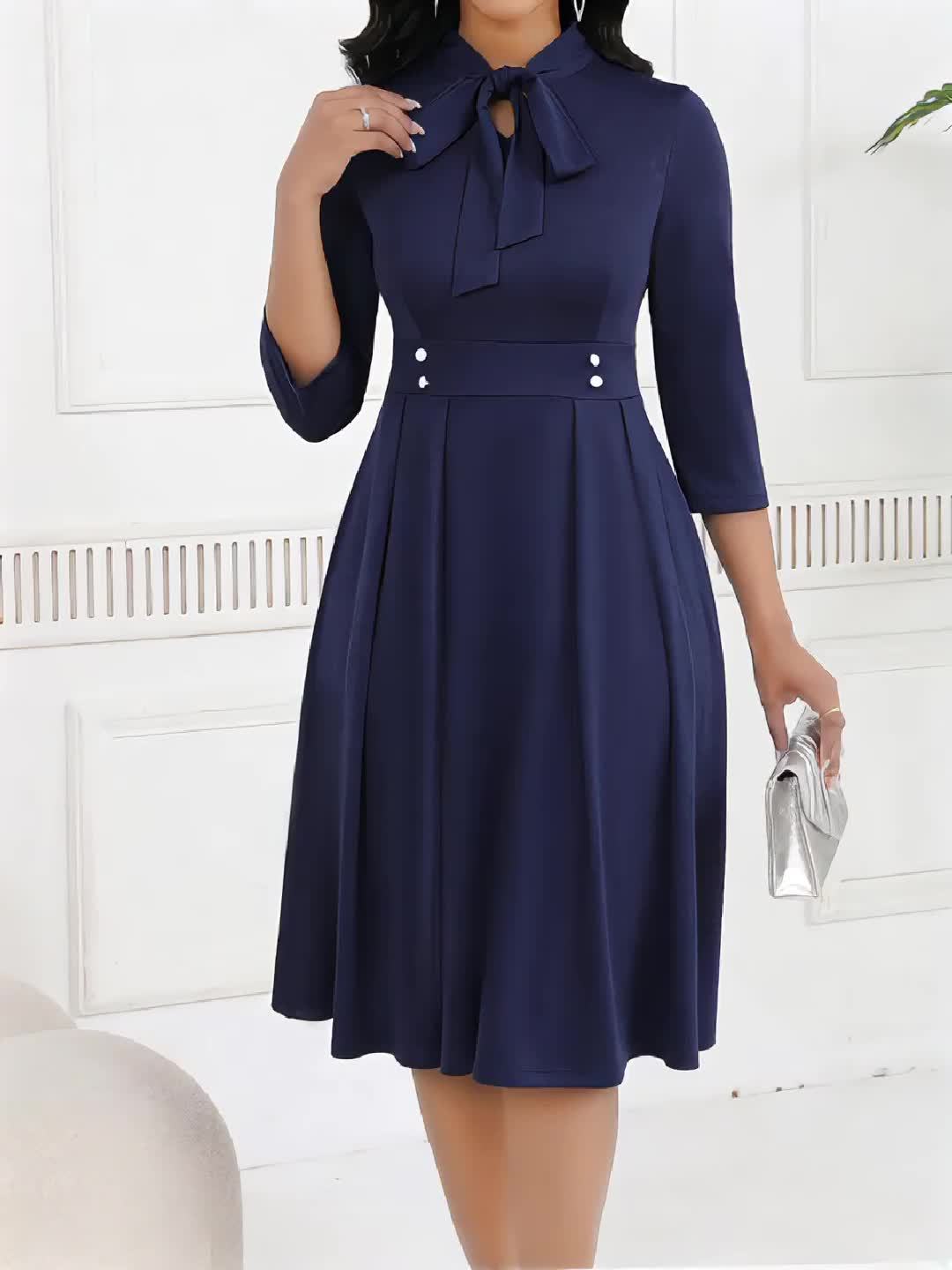 Spring/Autumn Women's Dress with Tie Waist, Elegant and Sophisticated, Business Workplace, Tie-Neck Navy Blue Midi Dress HRYY116