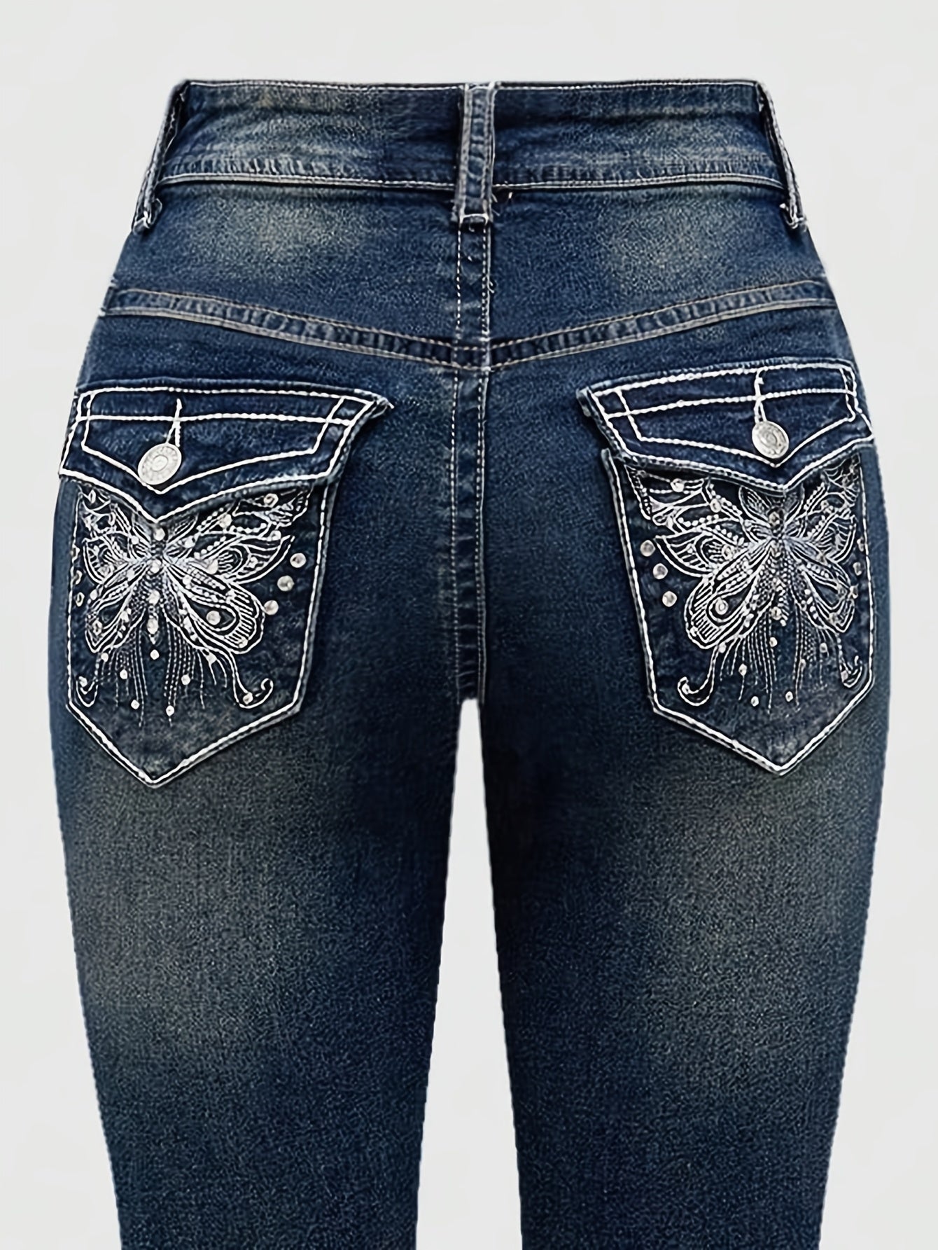 Jeans Femme Évasé Brodé Main Poches Arrière Strass Extensible Toute Saison Élégant Décontracté Lavable Couleur Unie
