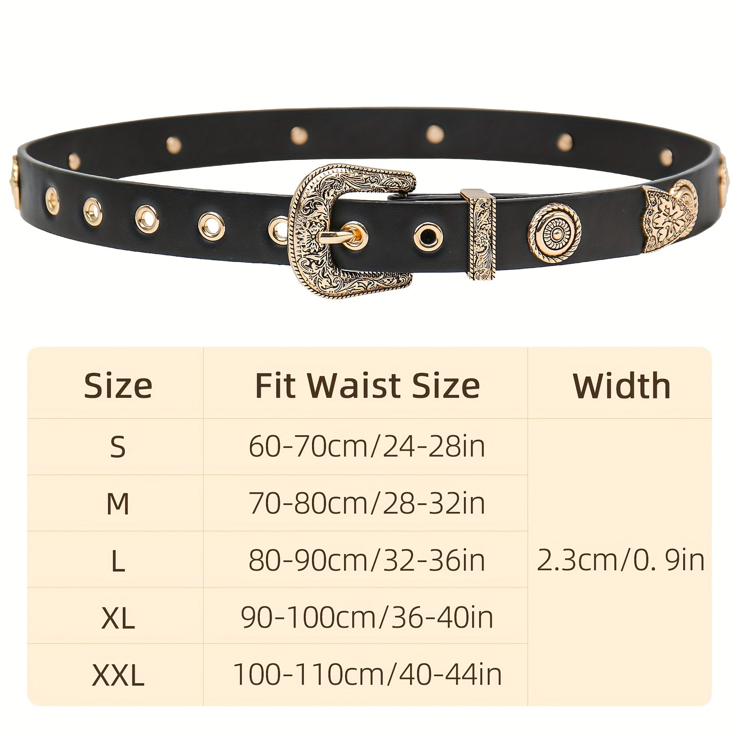 Ceinture pour femmes – Noir avec clous métalliques dorés, boucle métallique ornée, taille standard, pour robes, pantalons et jeans, ceinture style western, ceinture noire imitation cuir