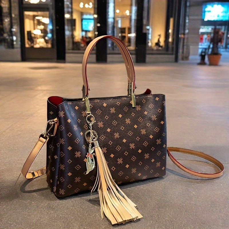 Sac Cabas Femme Élégant Grande Capacité avec Breloque Renard à Pompon – Fermeture Éclair, Doublure en Polyester, Design Multi-Couches, Idéal comme Cadeau de Fête