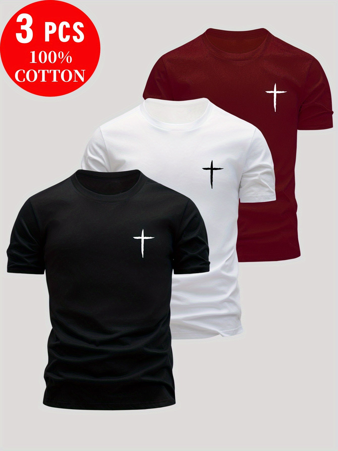 3pcs Men'S 100% Cotton Slim Fit T-Shirts - Breathable Round Neck Short Sleeve Tops with Cross Design, Lightweight & Moisture-Wicking for Summer Casual Wear, Everyday Tshirt | Minimalist Design | Breathable Fabric, Sweat-Resis