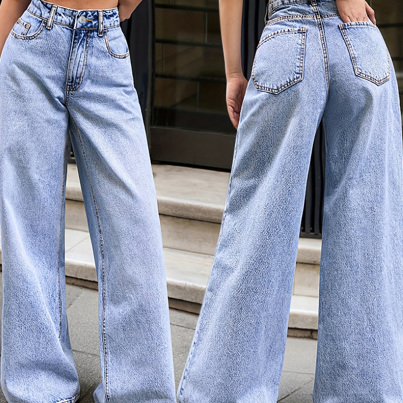 Jeans Femme Taille Haute Jambe Large Élégant Non Extensible Fermeture Zippée Toute Saison Décontracté et Formel Polyvalent Design Minimaliste