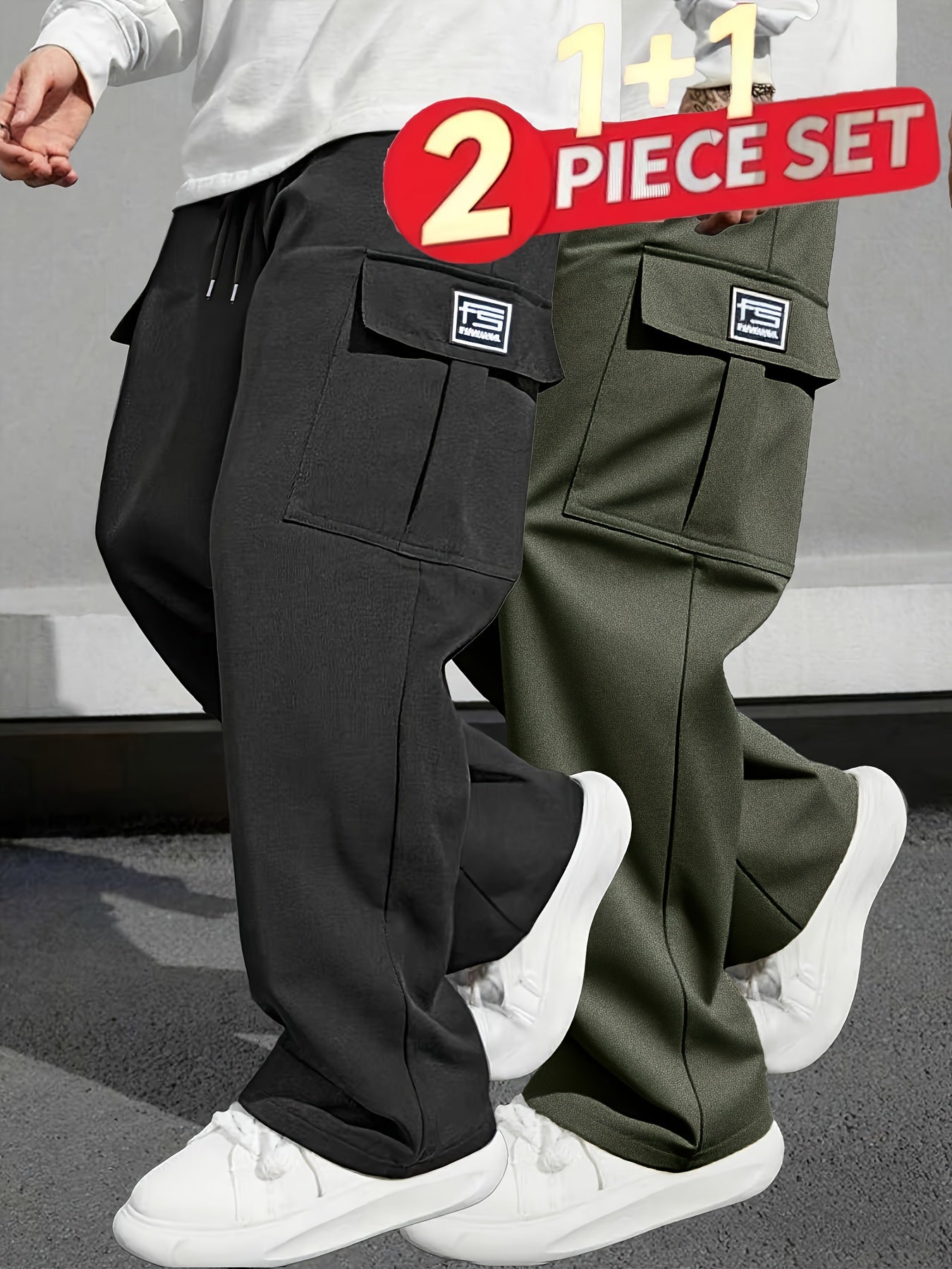 Pantalons de travail robustes pour homme (2 pièces) – cargo multi-poches, coupe ample, taille sans ceinture, poches zippées, jambe droite, idéals construction, sport et tenue décontractée, printemps