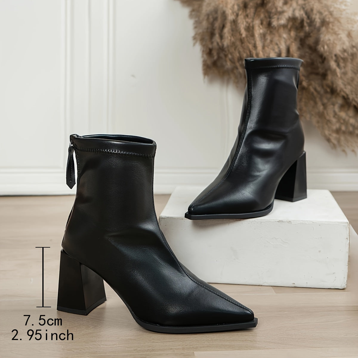 Bottines Femme Chic – Talon Carré, Bout Pointu, Couleur Unie, Fermeture Éclair au Dos, Style Polyvalent