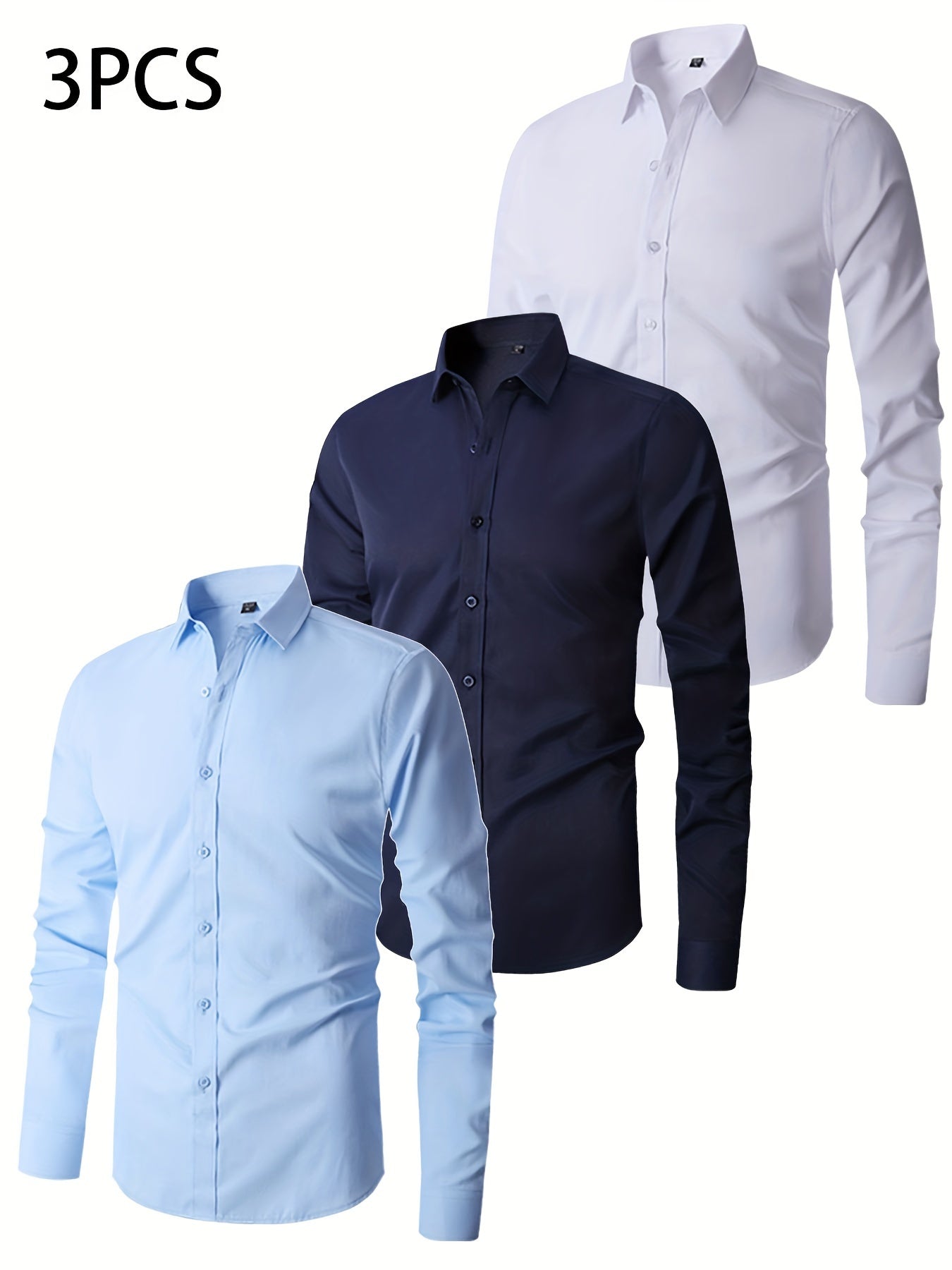 3pcs Men's Regular Fit Solid Color Business Long Sleeve Shirts, Thin All-Season Dress Shirts, Wrinkle-Free Wedding Shirts, Casual Office Wear, Graduation Formal Long Sleeve Shirts Set