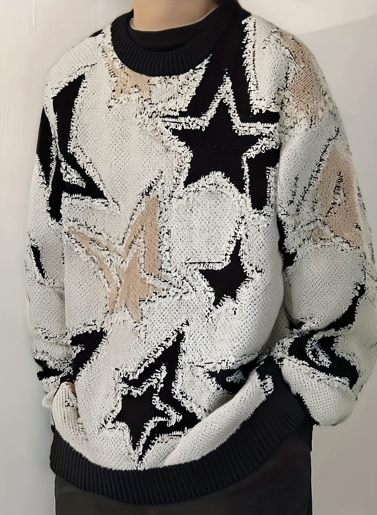 Men's Casual Sport Sweater, Knitted Pullover with Star Pattern, Plush Texture, Loose Fit for Trendy Street Style Outfits, Suitable for Daily Wear Casual Occasions