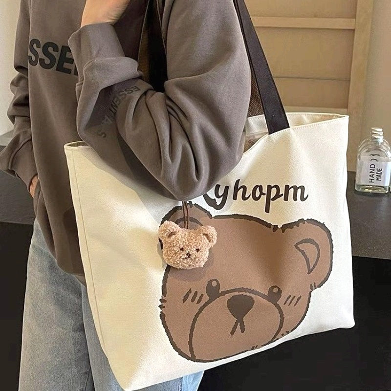 Sac École Femme à Motif Ours – Sac à Épaule Unique, Grande Capacité, Pendentif Tête d’Ours, Polyvalent et Mignon