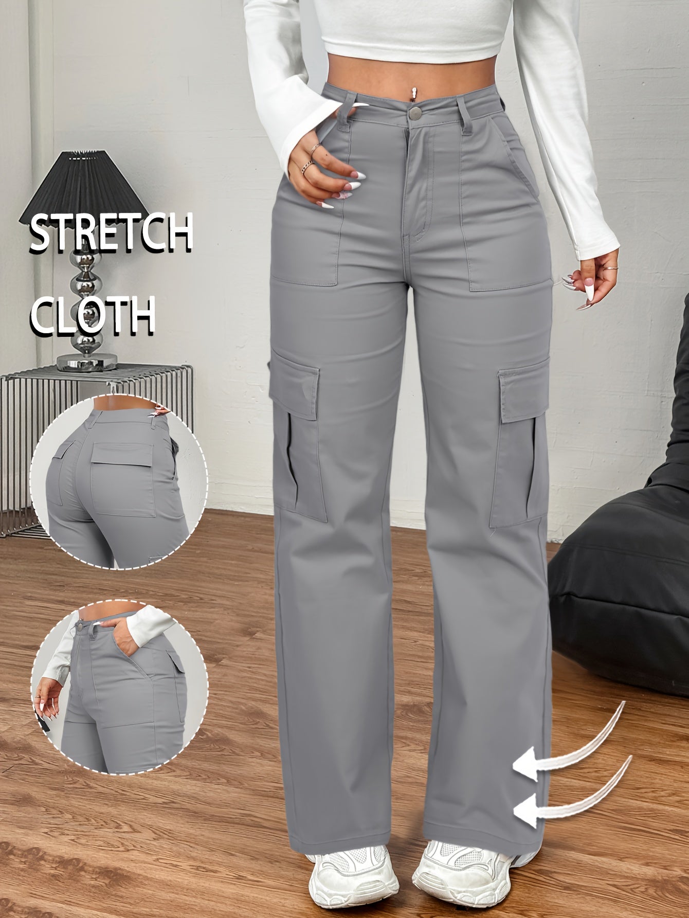 Jeans Cargo Femme – Taille Haute, Beige, Poches Multiples, Jambe Droite, Style Streetwear Hip-Hop