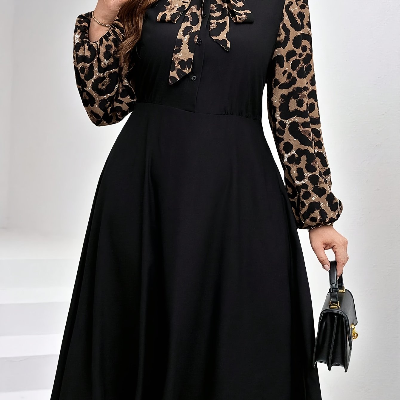 Plus Size - Plus-Size Black Leopard Print Patchwork Dress, Elegant for Everyday Wear, Suitable for Autumn And Winter.