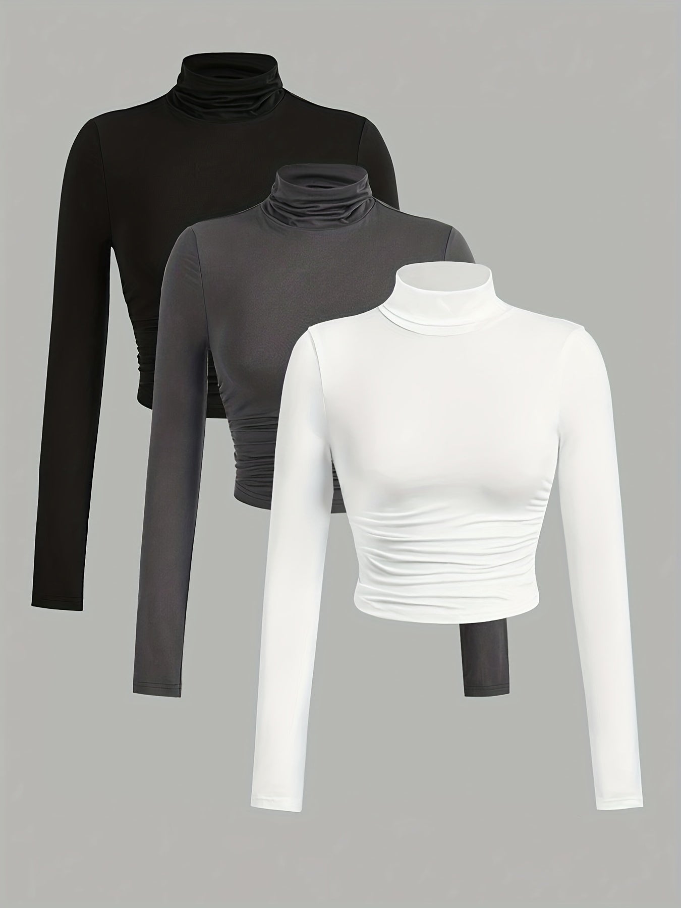 Lot de 3 Tops Femme Col Montant Manches Longues – Couleurs Unie Noir, Blanc et Gris