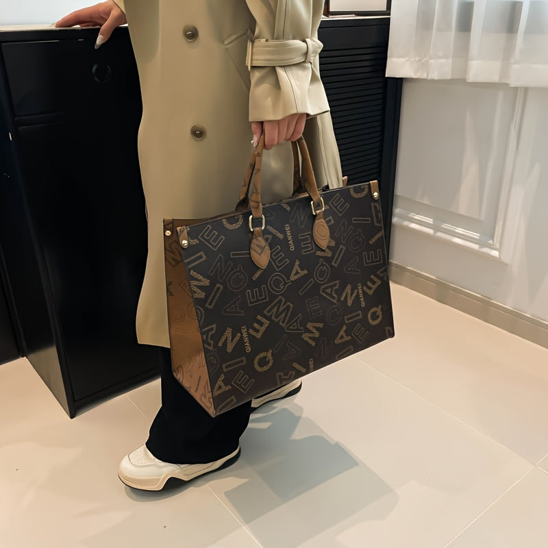 Sac Cabas Femme en Cuir Synthétique Élégant – Fermeture Éclair, Marron Café avec Motif Lettres Stylé et Poignée en Bois, Parfait pour Usage Quotidien | Sac à Épaule Chic | Design Sophistiqué