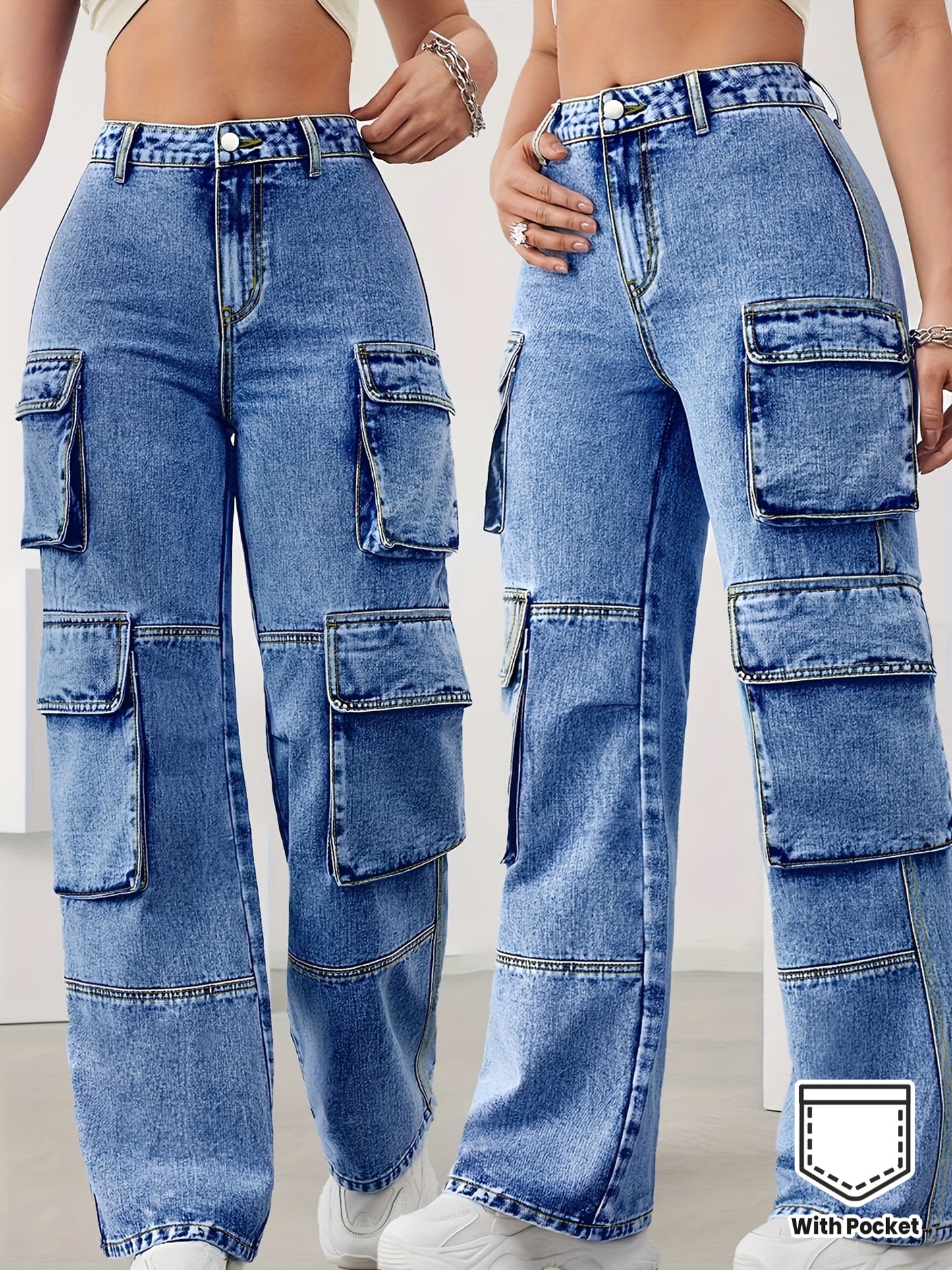 Jeans Femme Grande Taille Taille Haute Poches Multiples Gris Foncé Jambe Droite Extensible Décontracté Large Toute Saison