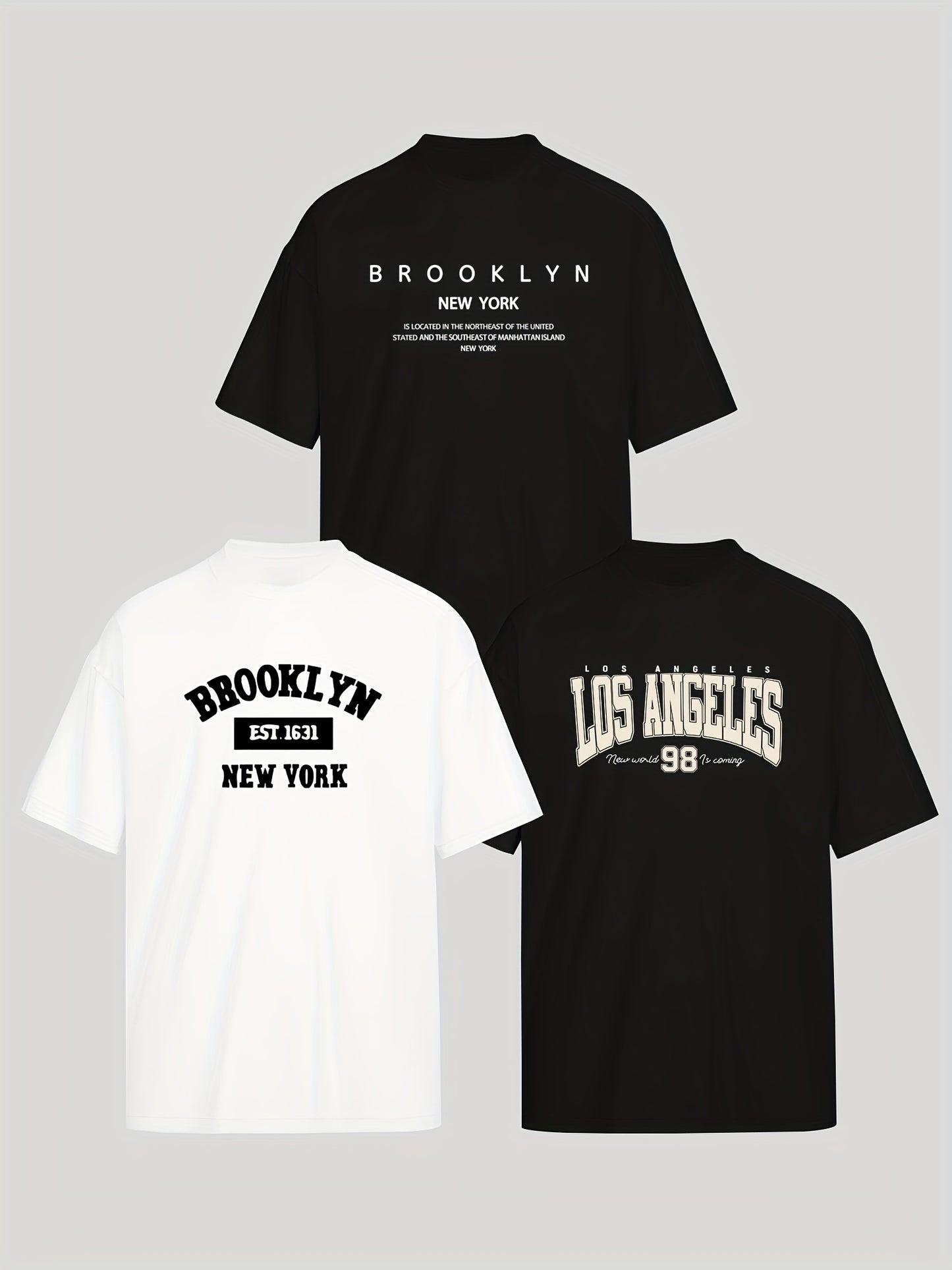 Three-Piece Set: Men's Casual Fashion BROOKLYN, LOS ANGELES Print Drop Shoulder Short Sleeve T-Shirt, Comfortable and Versatile