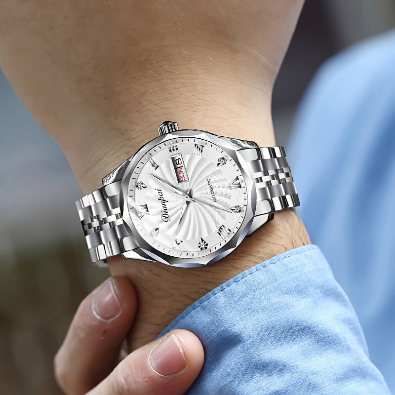 Men's Automatic Mechanical Watch with Luminous Dial, Waterproof, Roman Numerals & Date/Day Display, Golden-Tone Steel Band, Accents - Fashionable Dress Watch for Everyday & Formal Wear, Bling Watch, Formal Timepiece B