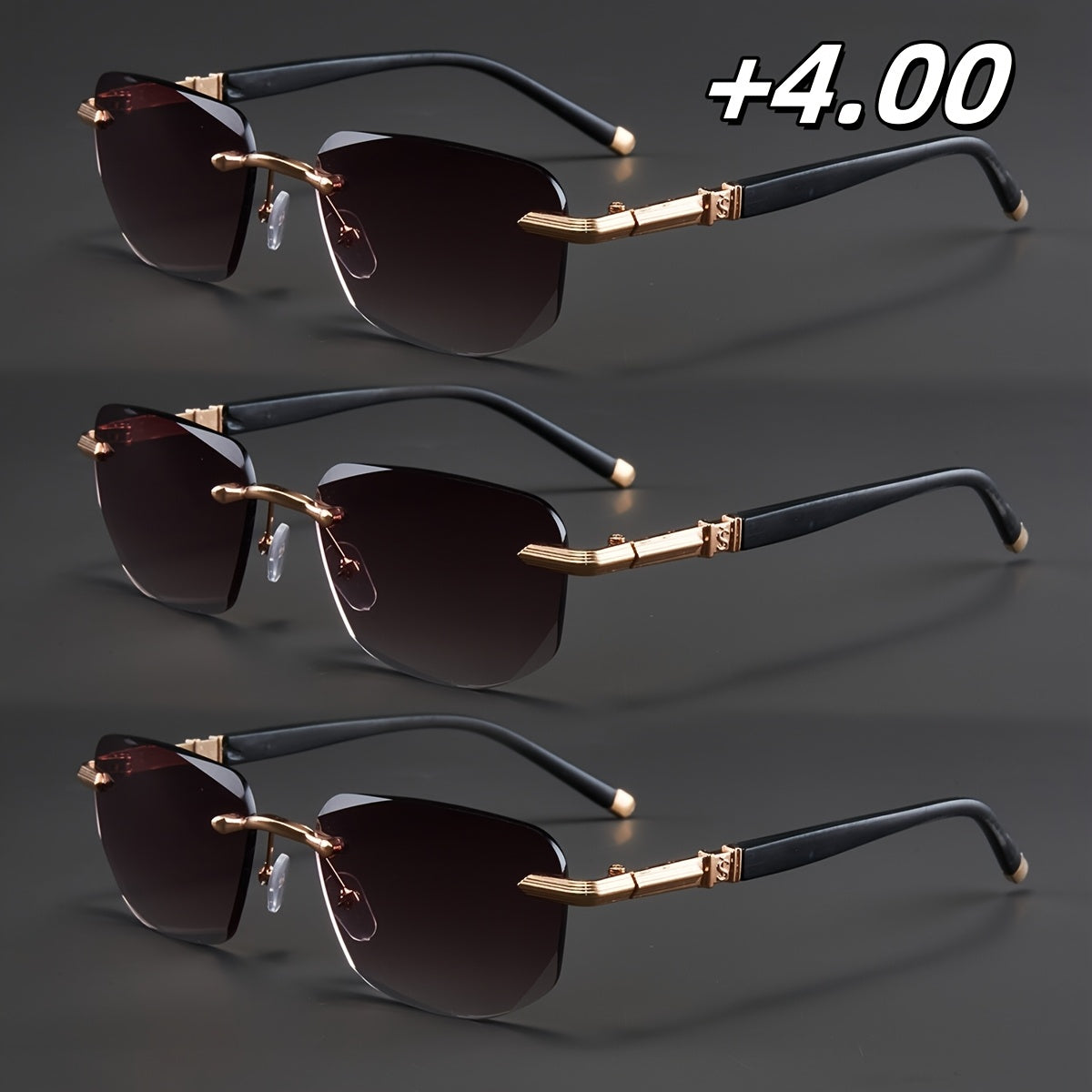 3-Pack, Stylish Men's Frameless Reading Glasses, Elegant Metal Frame, Options: 100, 150, 200, 250, 300, 350, 400 Degrees,christmas Gifts