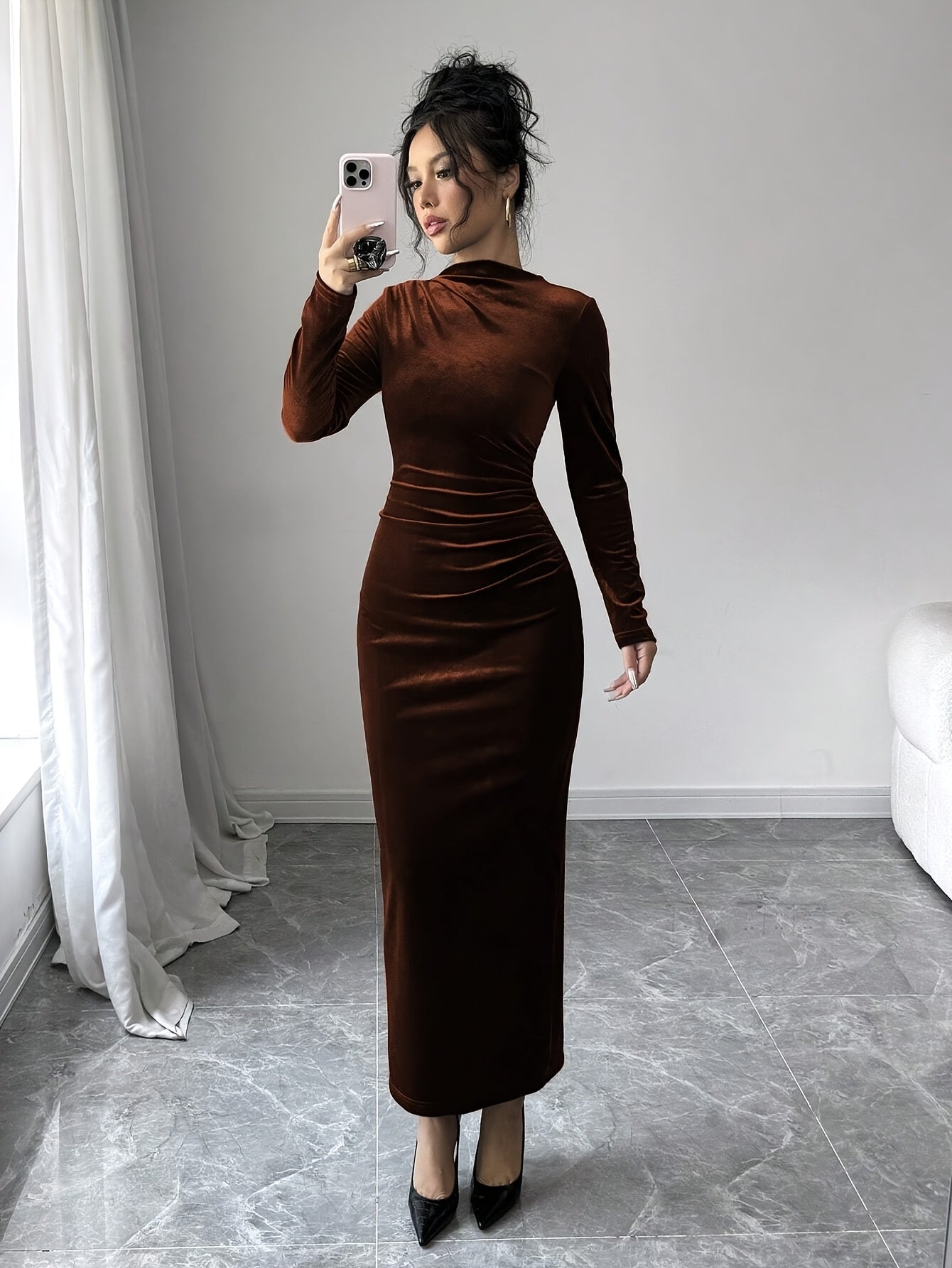 Women's Elegant Asymmetric Long Maxi Dress with Stand Collar & back slit - Solid Color Fitted Gown, Machine Washable Wedding Guest Gown, Prom Dress, for all-Season Wear - Formal Evening Dress