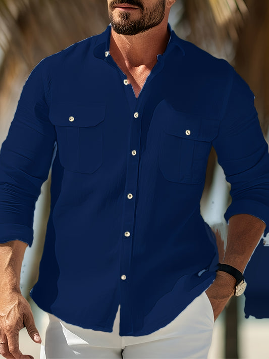 Men's Workwear Shirt with Chest Pockets & Button- Collar - Solid Color Long Sleeve Casual Button-Up for Spring/Fall, Regular Fit, Spring Fashion, Classic Design, Office Professionals, Fall Wardrobe, Timeless Style, Breathable