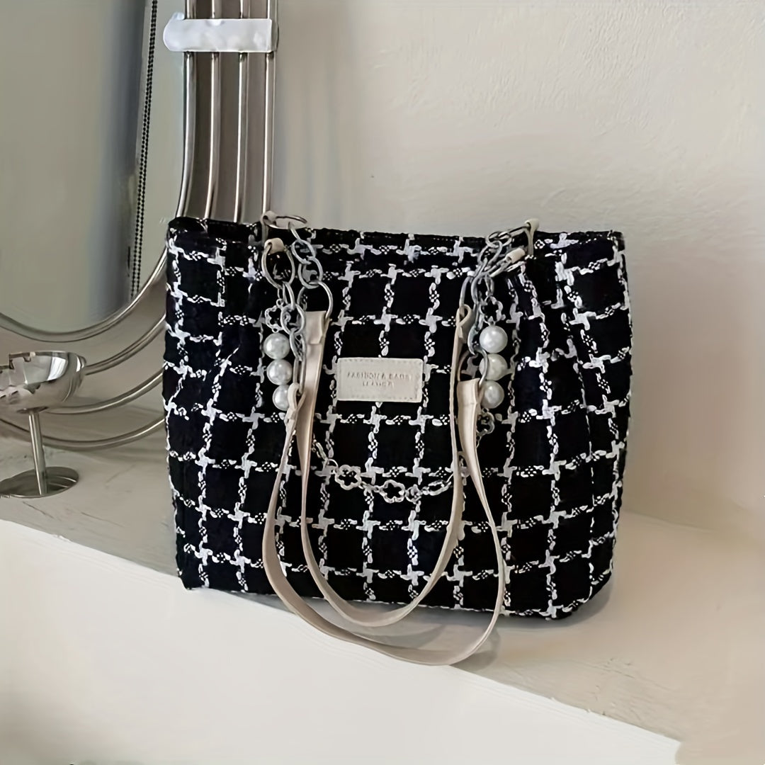 Sac cabas femme – grande capacité, motif pied-de-poule noir et blanc, poignée poignet, chaîne décorative, fermeture éclair, hardware doré, pratique pour voyage et usage quotidien