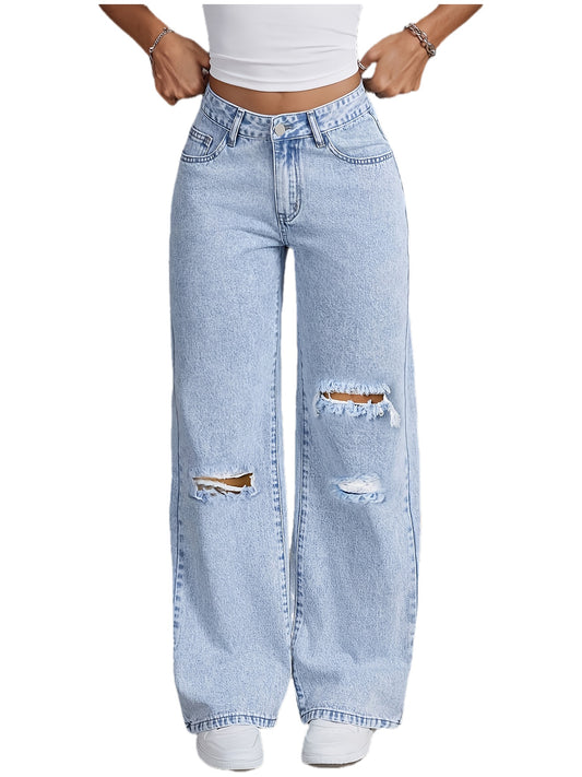 Jeans Femme Taille Haute – Jambe Large, Denim Bleu Délavé avec Passants de Ceinture et Ourlet Effiloché, Pantalon Droit pour Tenues Décontractées et Formelles, Confort Toutes Saisons, Lavable en Machine, Coupe Non-Extensible