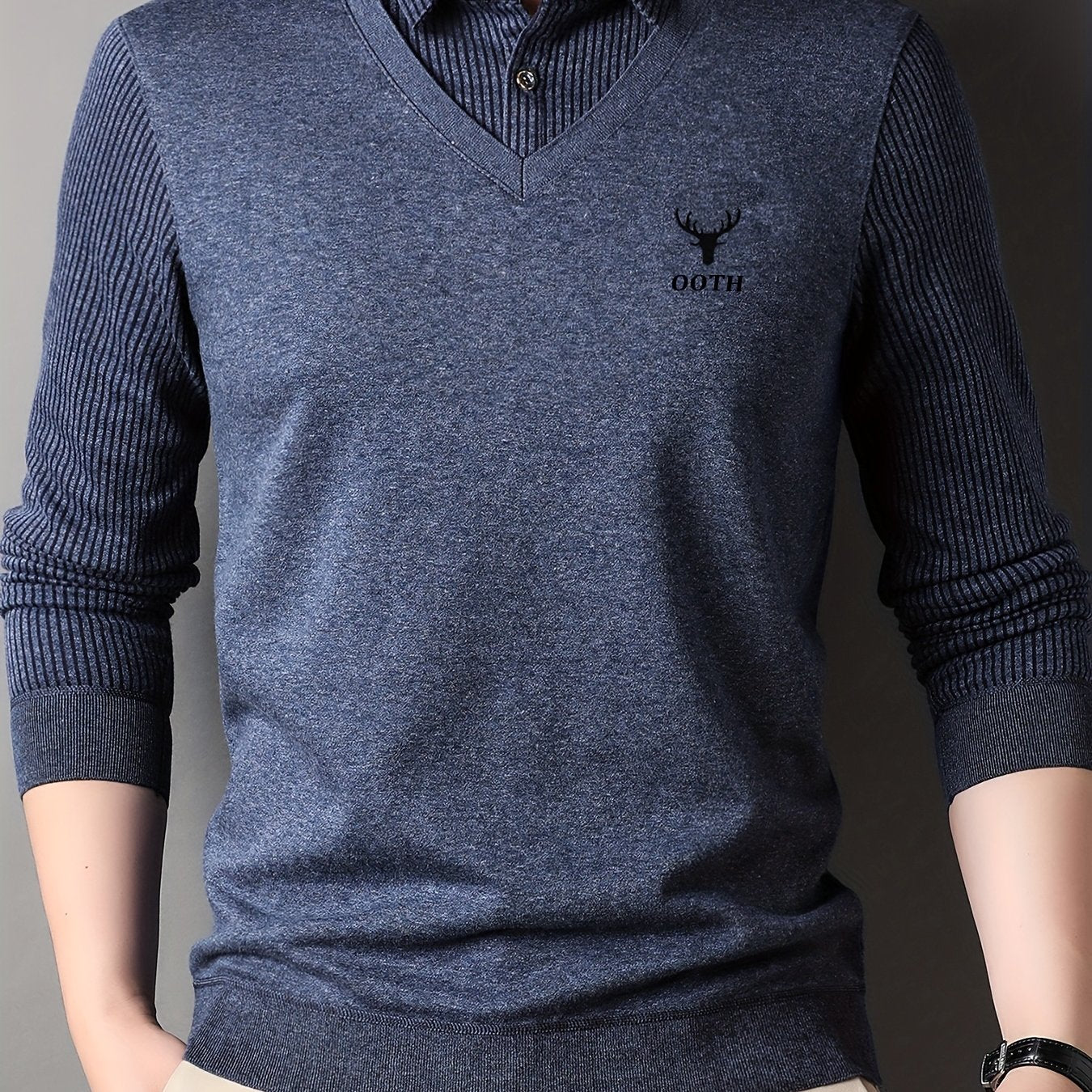 Men'S Spring And Autumn Thin Fake Two-Piece Lapel Button Long-Sleeved Knitted Pullover, Chest Embroidery, Button Placket, Suitable for Daily Commuting, Travel And Office And Other Scenes, Is The First Choice for Gifts