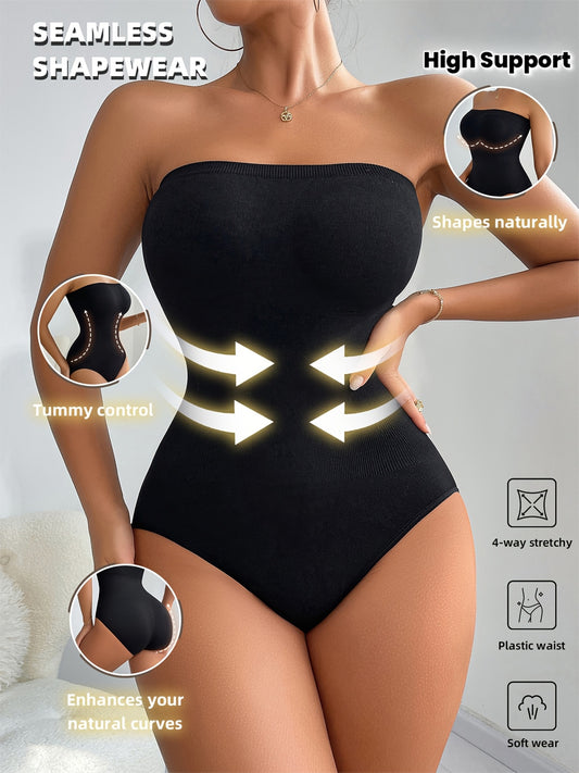 Body Femme Noir Sans Couture à Maintien Élevé — Shaper Sans Couture avec Élasthanne 4 Directions, Sans Rembourrage, Couleur Unie, Contrôle du Ventre et Support de la Posture