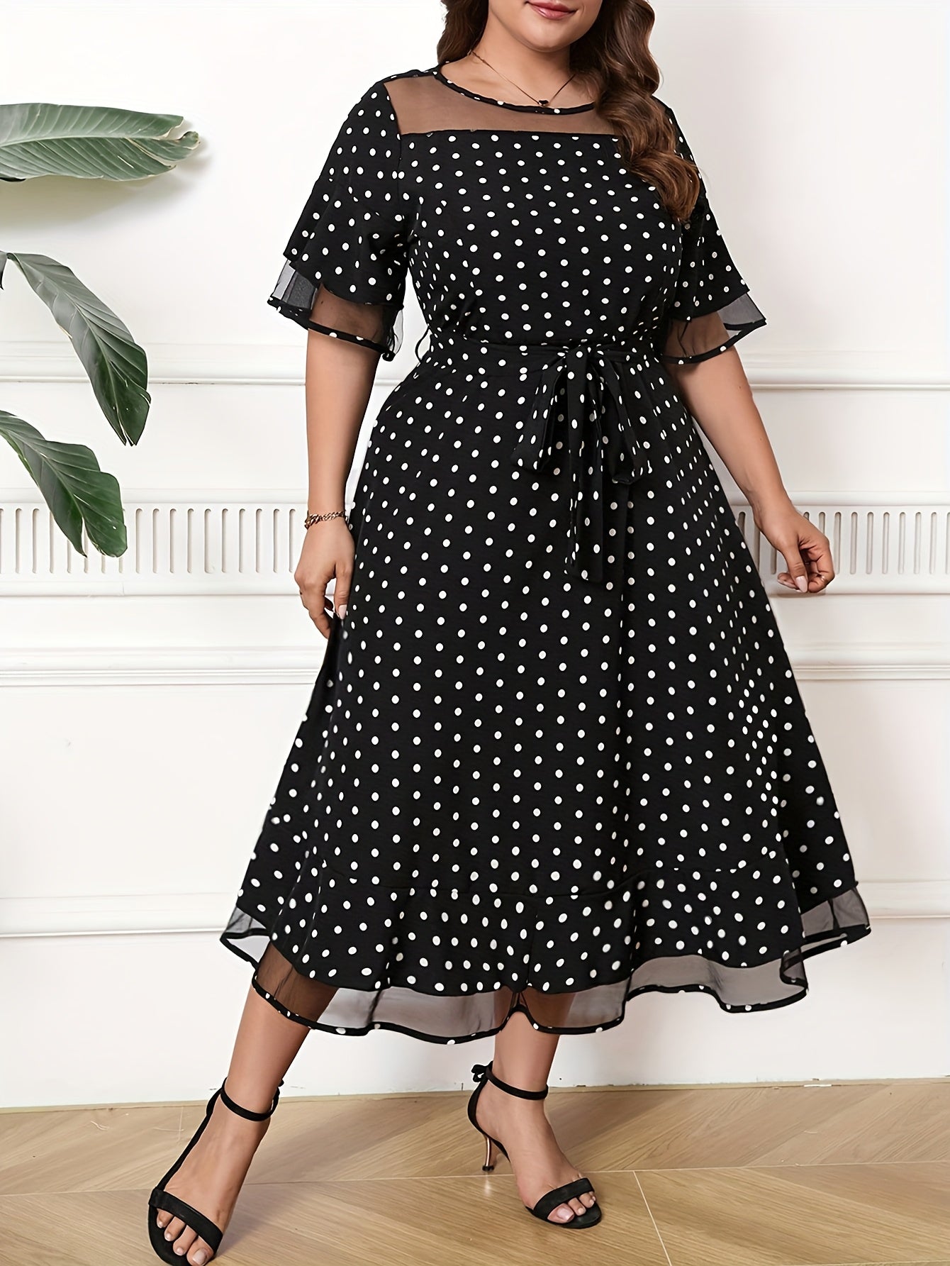 Robe Été Femme Grande Taille – Élégante, Imprimé à Pois, Col Rond, Dos à Nouer, Manches Courtes, Jupe