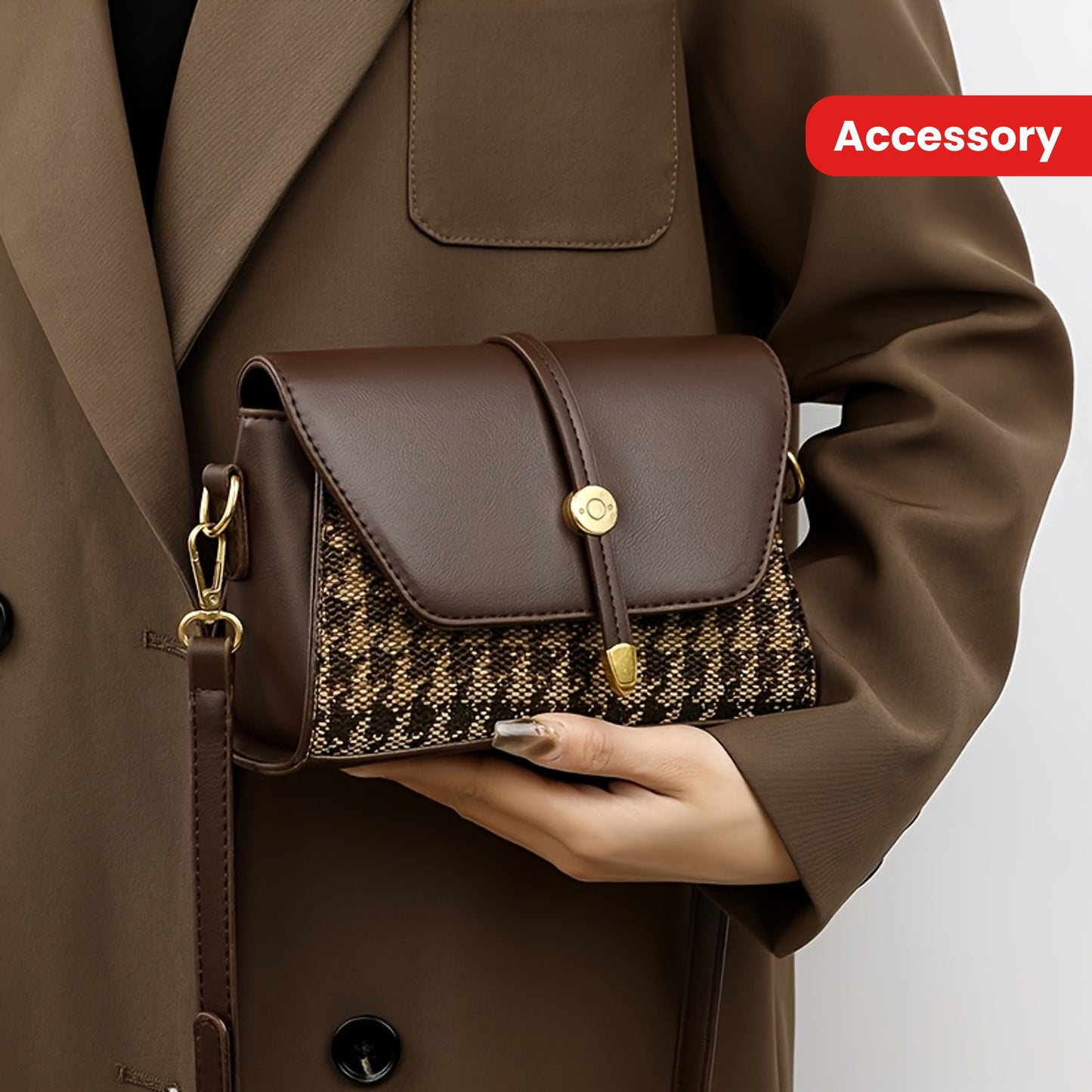 Sac bandoulière élégant – marron foncé uni avec patchwork pied-de-poule, fermeture zippée, doublure polyester, détails de peinture sur les bords, polyvalent pour toutes occasions