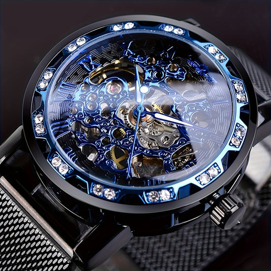 Elegant Men'S Mechanical Watch with Rhinestone Accents & Hollow Mesh Band - Stainless Steel, Zinc Alloy Case, Business Style, Self-Winding Movement, Pointer Display, No Battery Needed, Business Watch | Elegant Watch | Durable