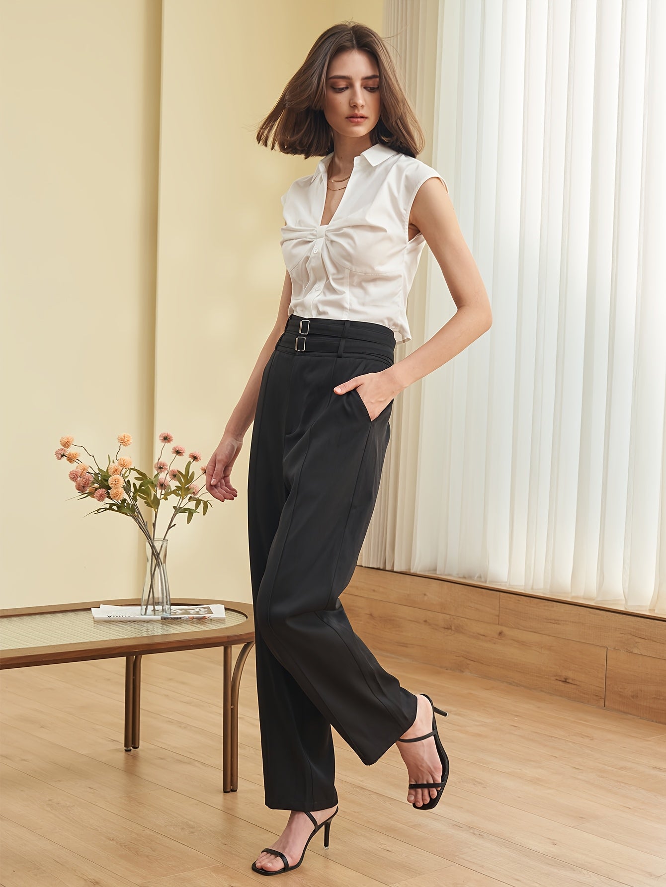 Pantalon Femme Taille Haute – Jambe Évasée, Noir Uni, Double Ceinture, Poches, Bureau et Décontracté, Printemps