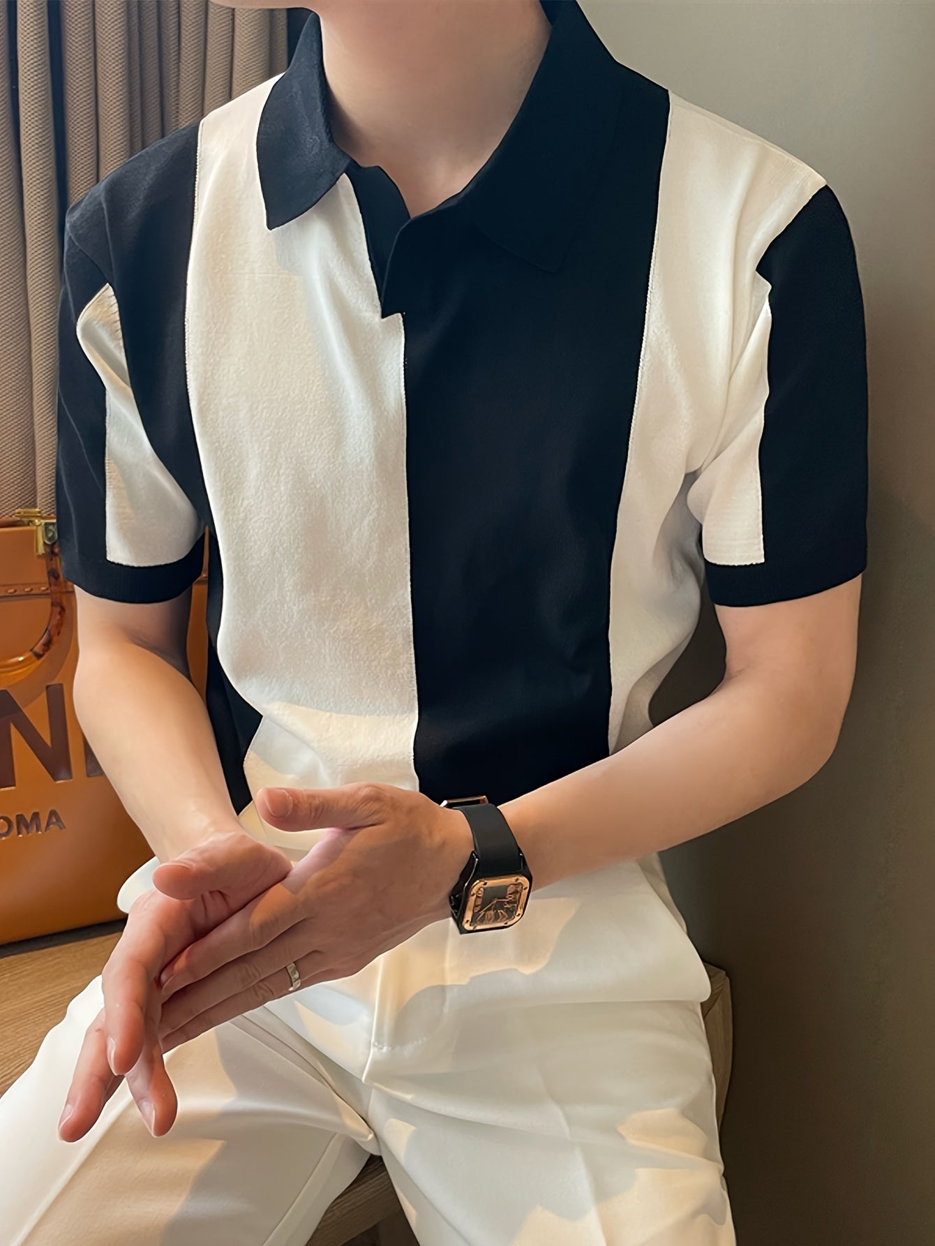 Men'S Casual Short-Sleeve Striped Color-Blocked Knit Polo, a Stylish And Sporty Top Suitable for Summer Golf And Business Attire.