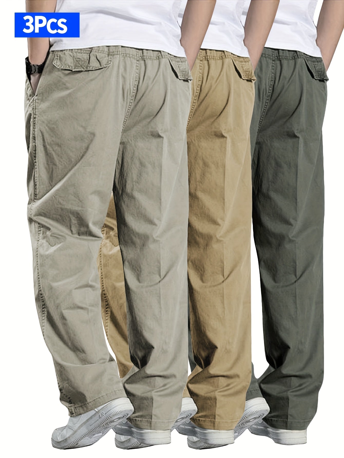 Lot de 3 Pantalons Cargo Homme – Taille Élastique à Cordon, Coupe Ample, Couleurs Unie, Poches, Printemps/Automne