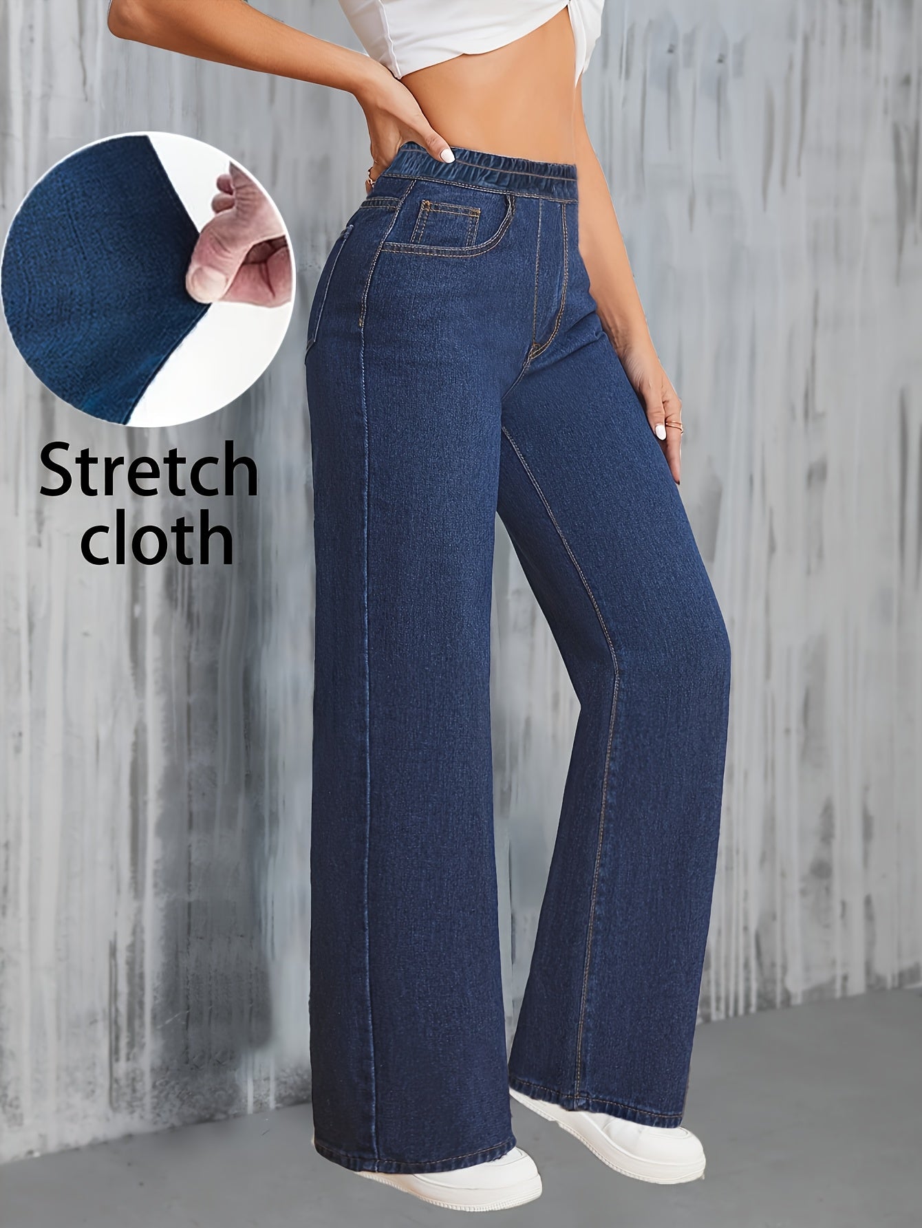 Jeans Femme Taille Haute Jambe Large Extensible Élégant Jambe Droite Poches Ceinture Denim Effet Lavé Toute Saison Décontracté Bureau Voyage