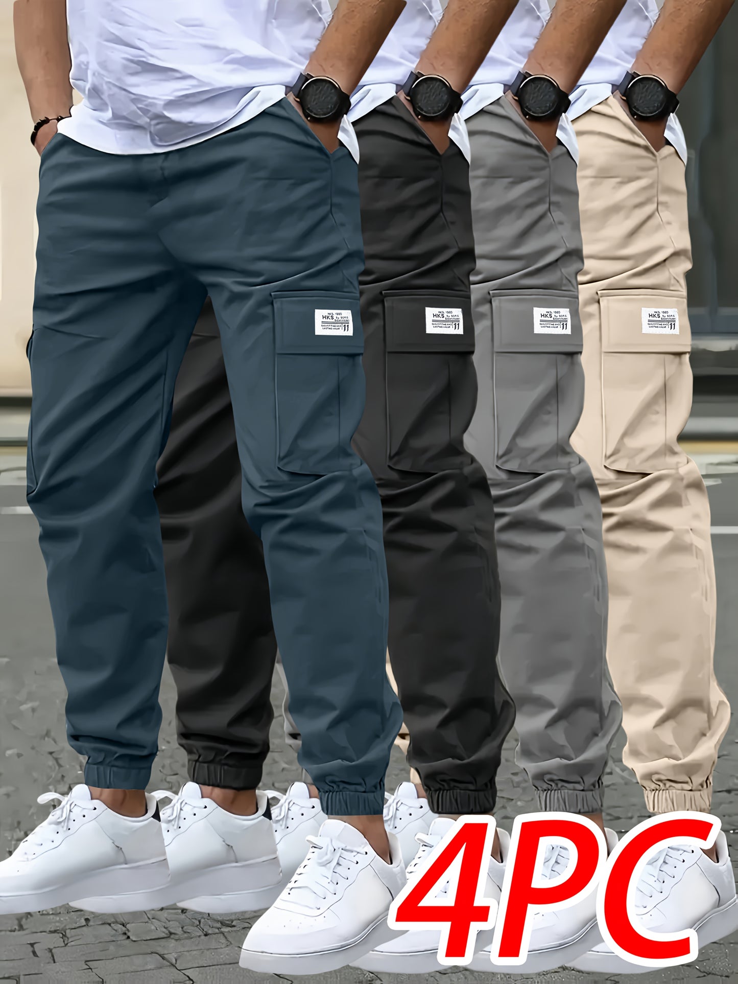 4pcs Pantalons Cargo Homme – Loose Fit, Cordon, Multipoches, Teal/Noir/Gris/Beige, Casual & Outdoor