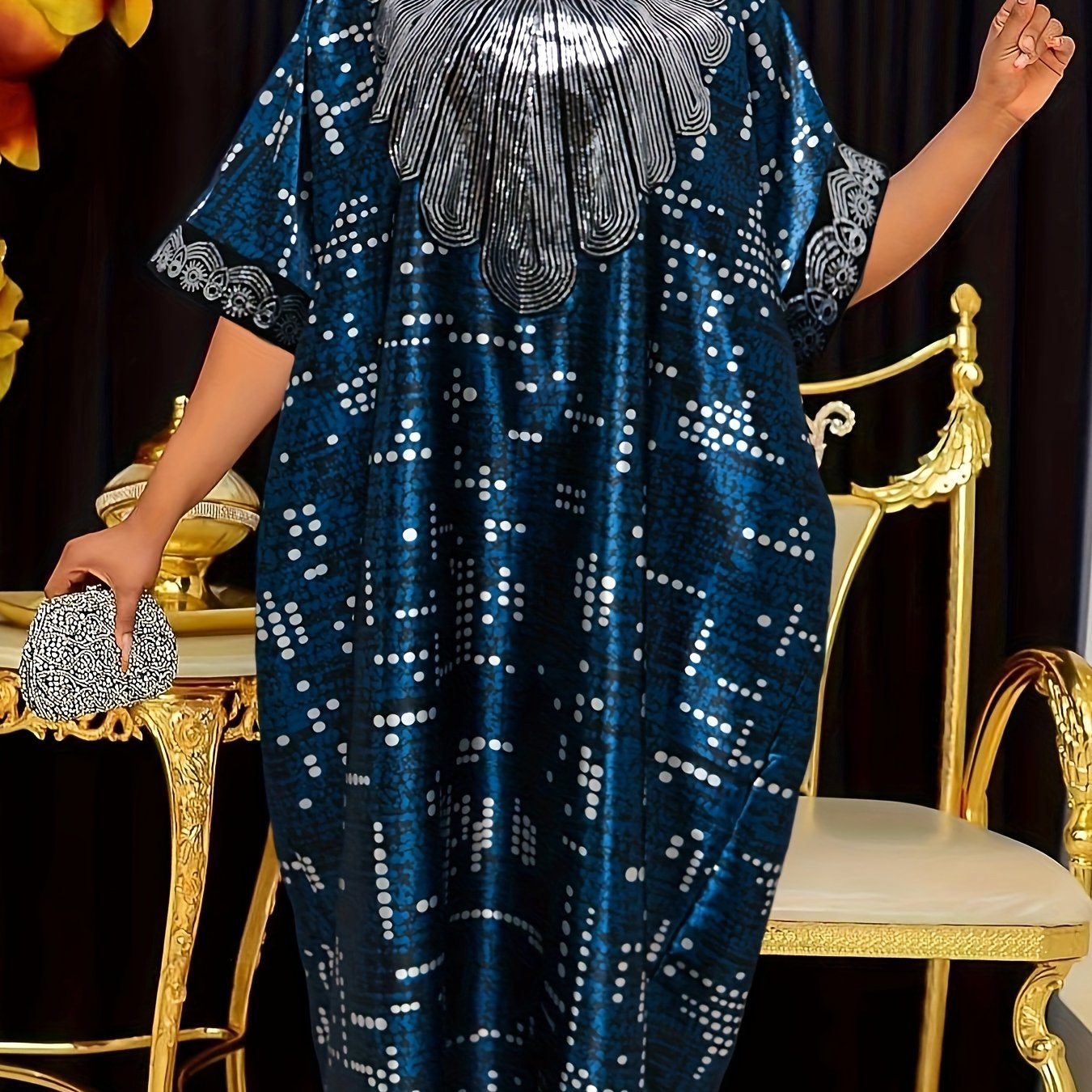 Robe Kaftan Turque Moyen-Orient – Ornée de Sequins, Manches Chauve-Souris et Foulard, Longueur Sol, Imprimé Intégral, Tissu Non Extensible, Parfaite pour Mariages, Fêtes et Événements Culturels