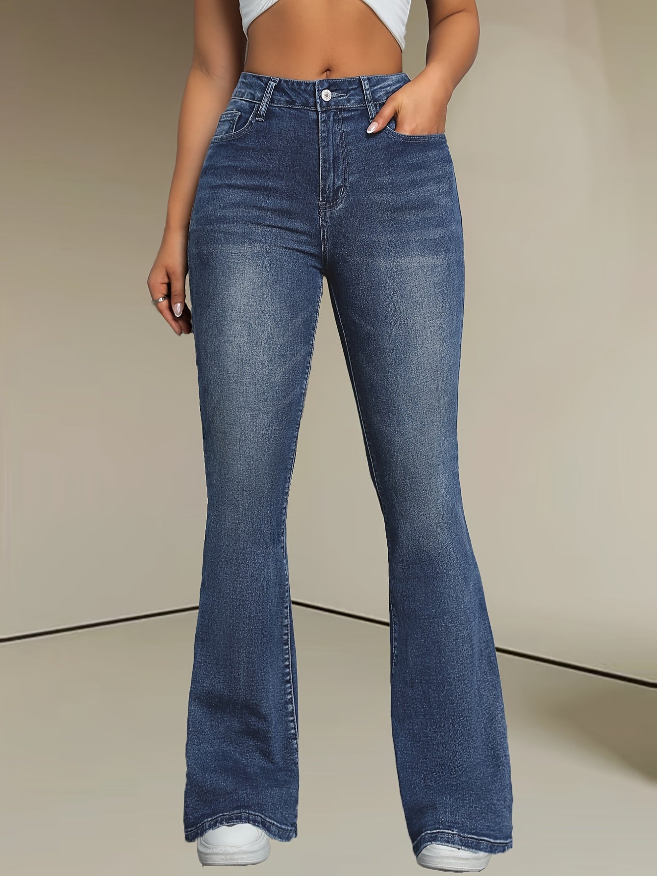 Jean Femme Évasé Bleu Décontracté Fermeture Zip Boutons