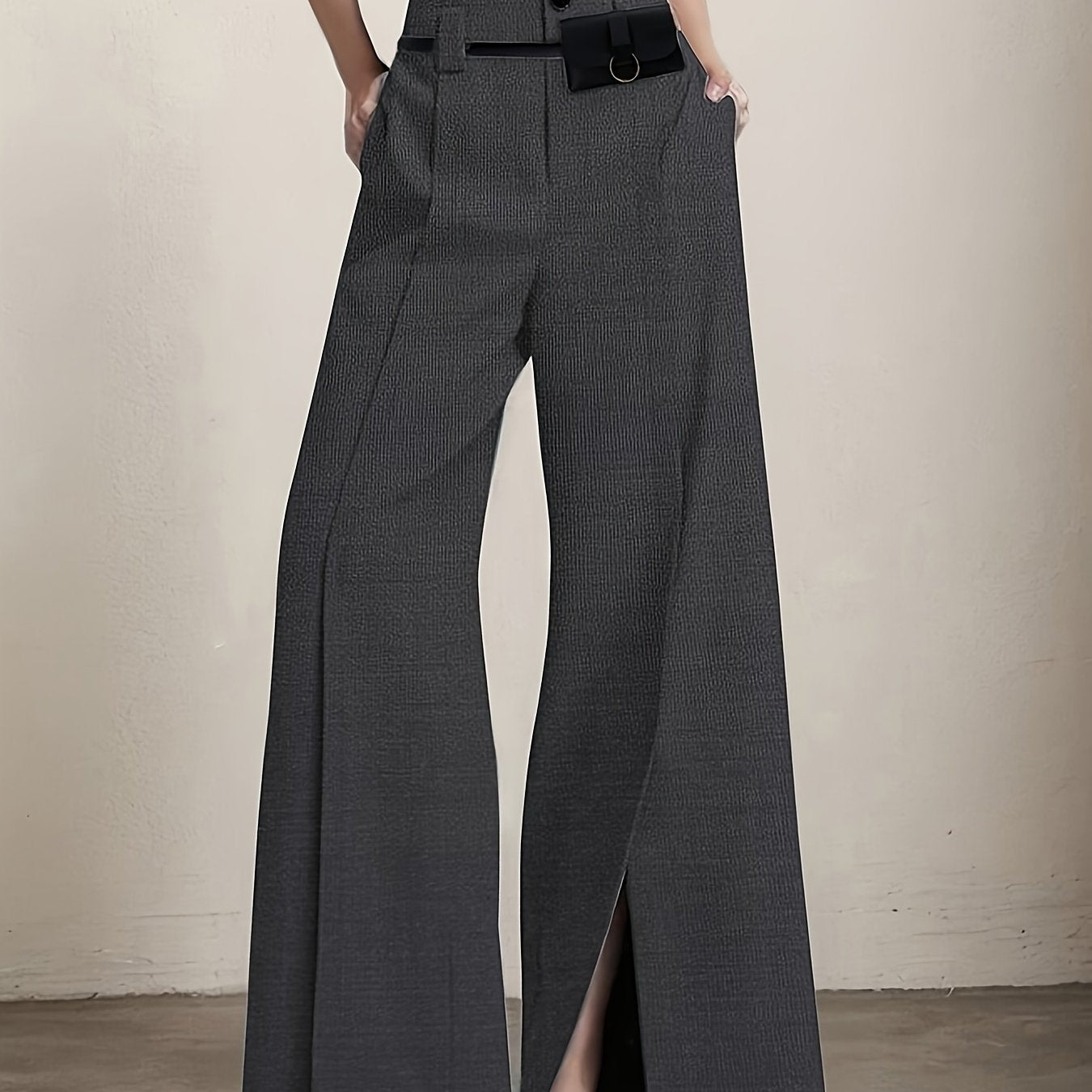 Pantalon Femme Élégant Jambe Large – Polyester, Couleur Unie, Fente Avant et Poches, Fermeture Zippée, Confortable, Automne/Hiver