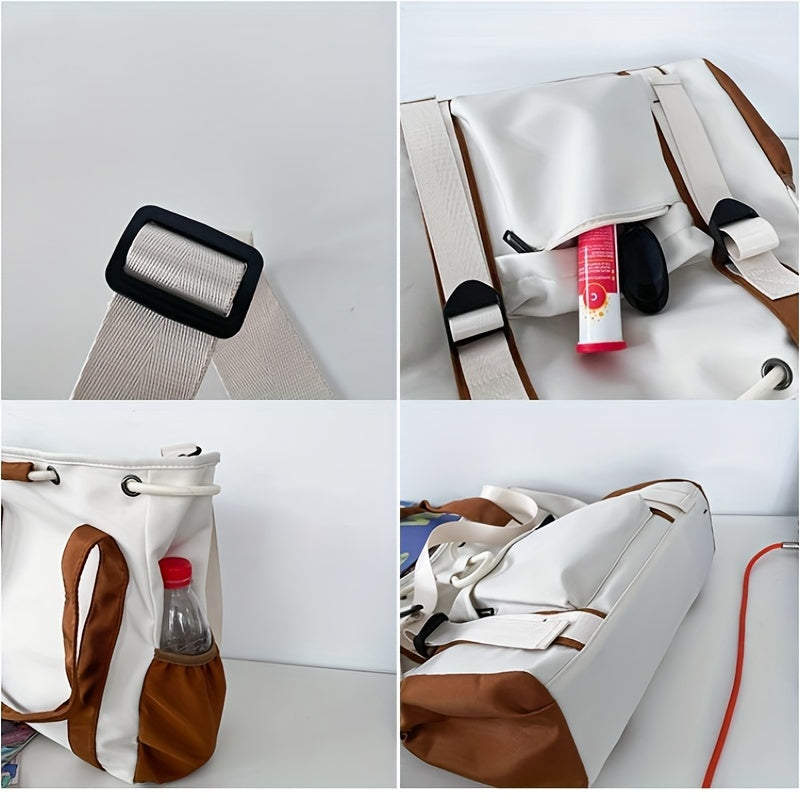 Sac Cabas Femme – Grande Capacité, Nylon, Couleurs Noir/Blanc/Marron Patchwork, Casual, Voyage, Shopping, Sacs pour Étudiantes