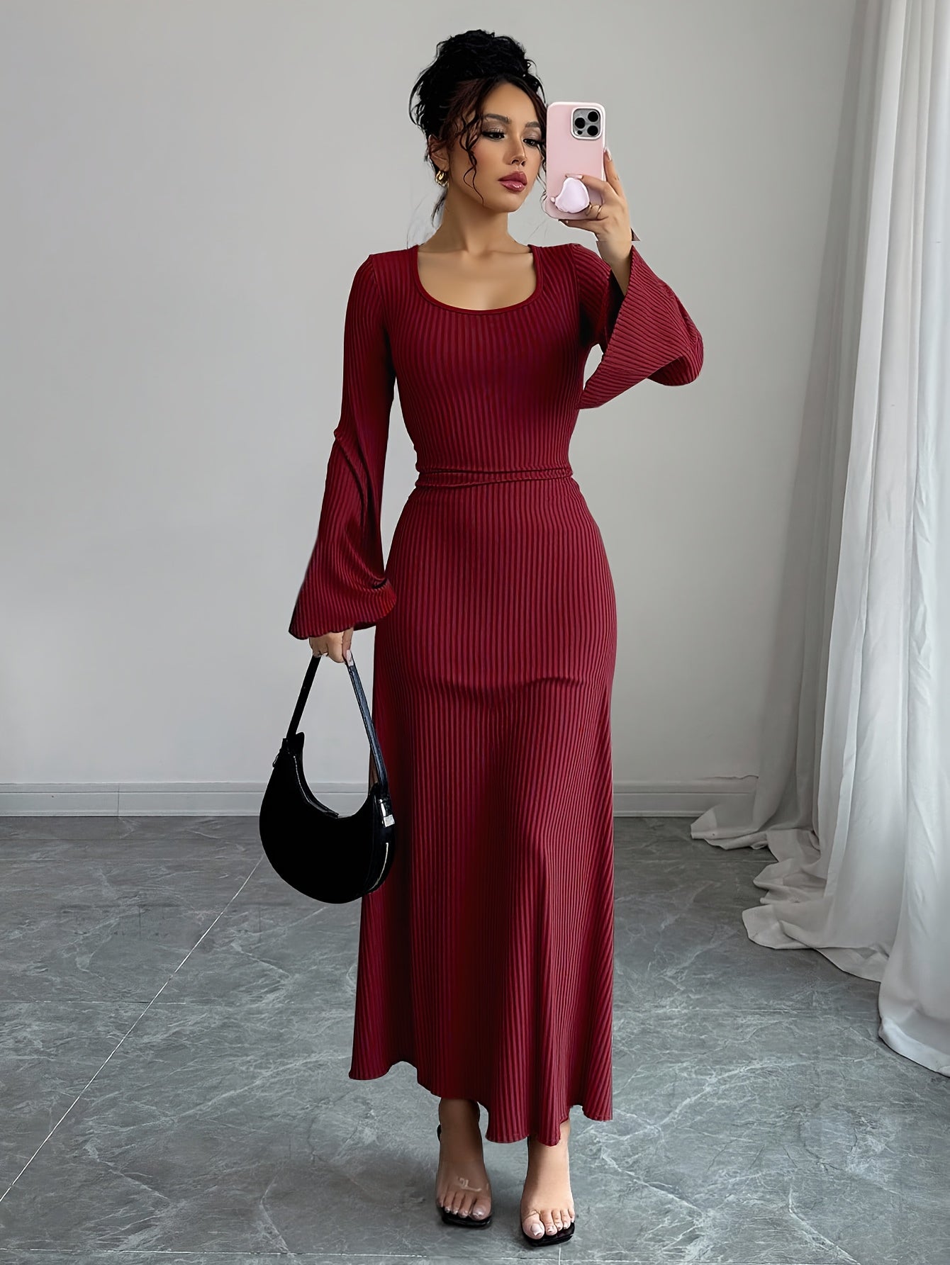 Robe Maxi Traditionnelle Femme Élégante – Couleur Unie, Manches Bouffantes, Nœud au Dos, Silhouette A-Ligne, Col Rond, Longue, Idéale Événements Formels
