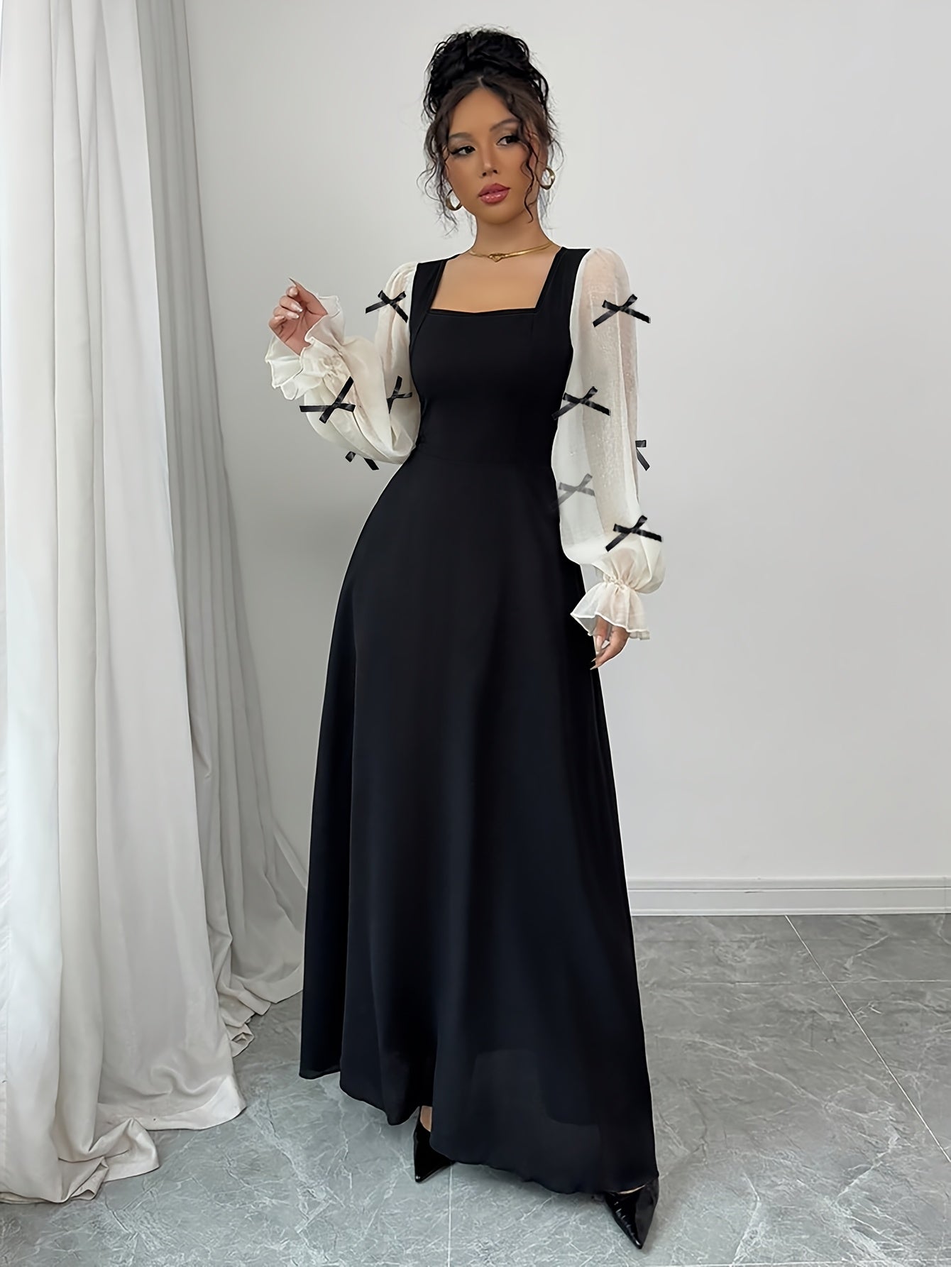 Chic Women'S A-Line Dress with Square Neck, Featuring Chiffon Bell Sleeves And Bow Accents, Perfect for Winter Celebrations, Christmas Parties, New Year Festivities, And Thanksgiving Gatherings.