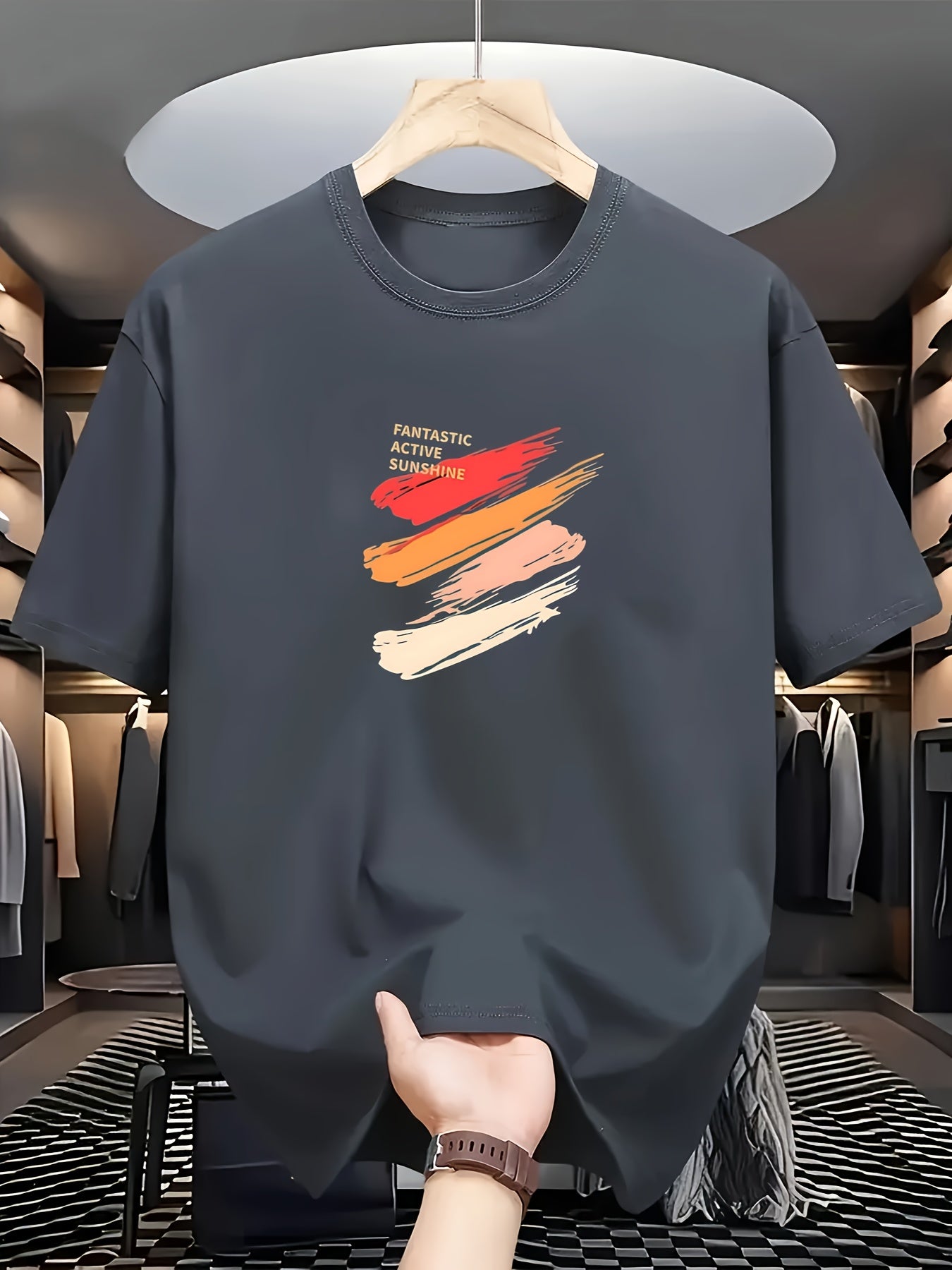 Men's Black T-Shirt - Soft Breathable Crew Neck Tee with Red/Beige/Orange Accent Stripe, Everyday Casual Shirt for Gym, Outings, Parties - All-Season Comfort Fit, Weekend Attire, Sporty Design, Comfortable Material, Short Sle