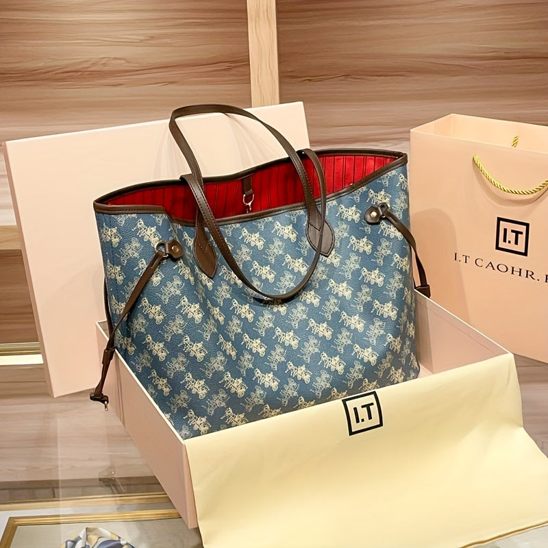 Sac cabas élégant à motif floral avec intérieur rouge, grande capacité, finitions dorées et bandoulière détachable – idéal pour les voyages et les trajets quotidiens.