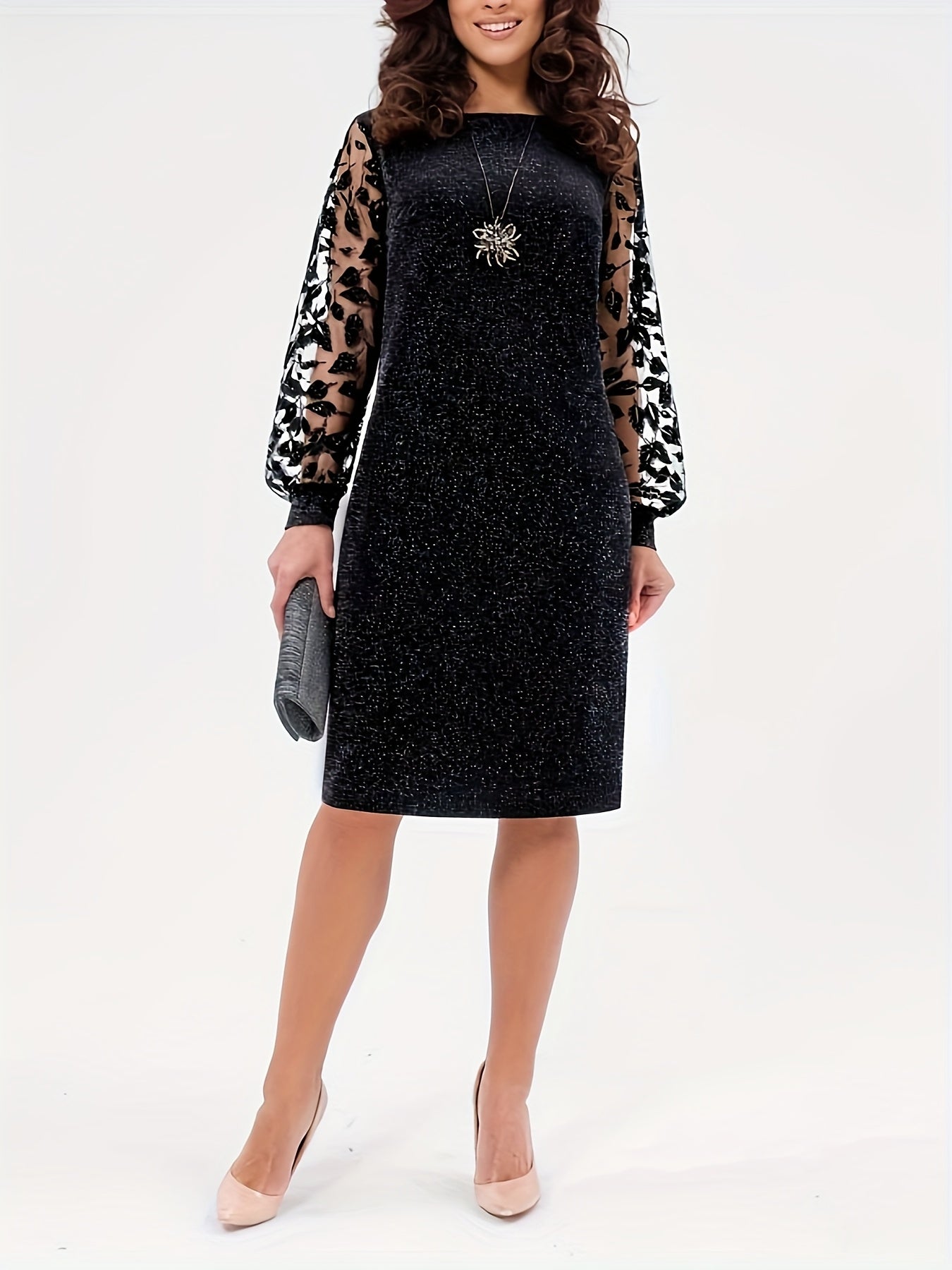 New Spring/Autumn Dress with Mesh Patchwork, Round Neck, Long Sleeves, Fashionable Fabric, Fit Dress